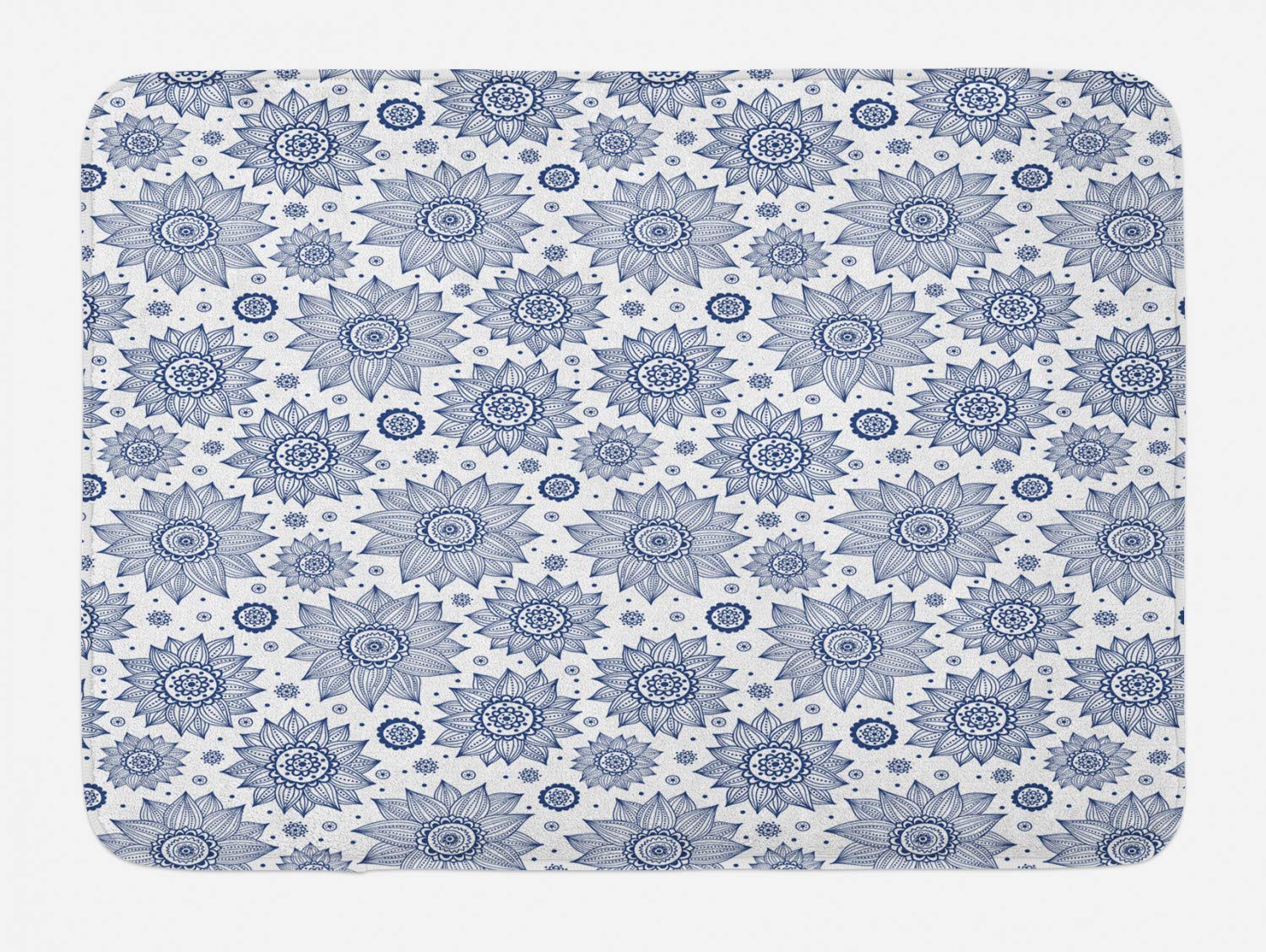 Ambesonne Floral Bath Mat with Sunflower & Ornamental Motifs, Non-Slip Plush Bathroom Rug, 30.2 x 20 Inches, White & Dark Sky Blue - Perfect for Nature-Themed Bathroom Decor & Cozy Home Spa Experience