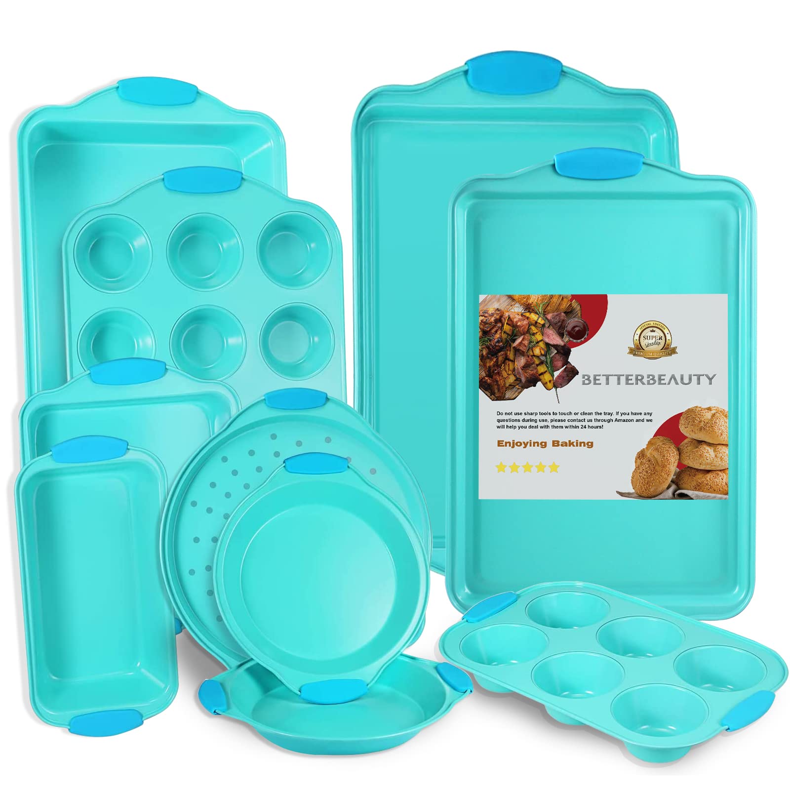 10-Piece Nonstick Bakeware Set with Blue Silicone Handles - Baking Pans, Baking Sheets, Cookie Sheets, Muffin Pan, Bread Pan, Pizza Pan & Cake Pan - Oven Safe Up to 450°F - Perfect for Baking Cookies, Cakes, Breads & Pizzas at Home