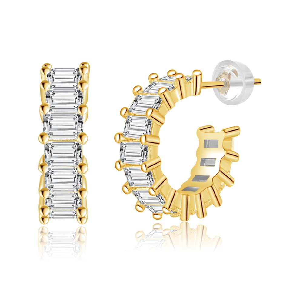Sparkling Open Hoop Earrings for Women - Sterling Silver C-Shaped Crystal Baguette Earrings with Cubic Zirconia (10mm Diameter) - Perfect for Parties, Weddings & Everyday Elegance