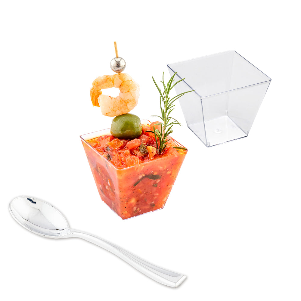 100 Pack 4 oz Clear Square Plastic Kova Cups with 100 Silver Mini Plastic Spoons - Perfect for Parties, Events, and Dessert Serving