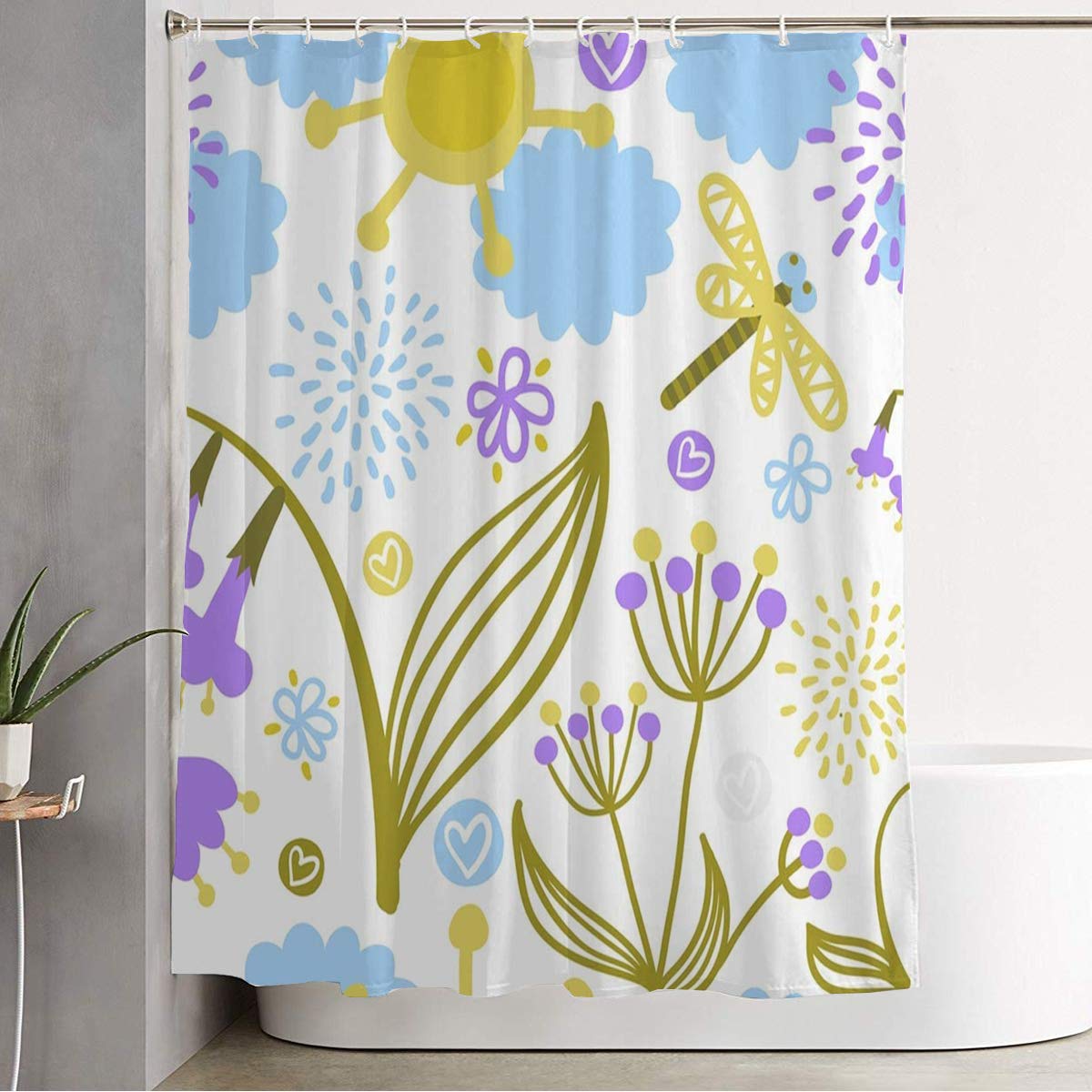 Blue Dragonfly Fantasy Floral Shower Curtain - Waterproof Polyester Fabric Bathroom Decor with Hooks, 60x72 Inches - Perfect for Girls' Rooms, Kids Bathrooms & Boho Chic Home Decor