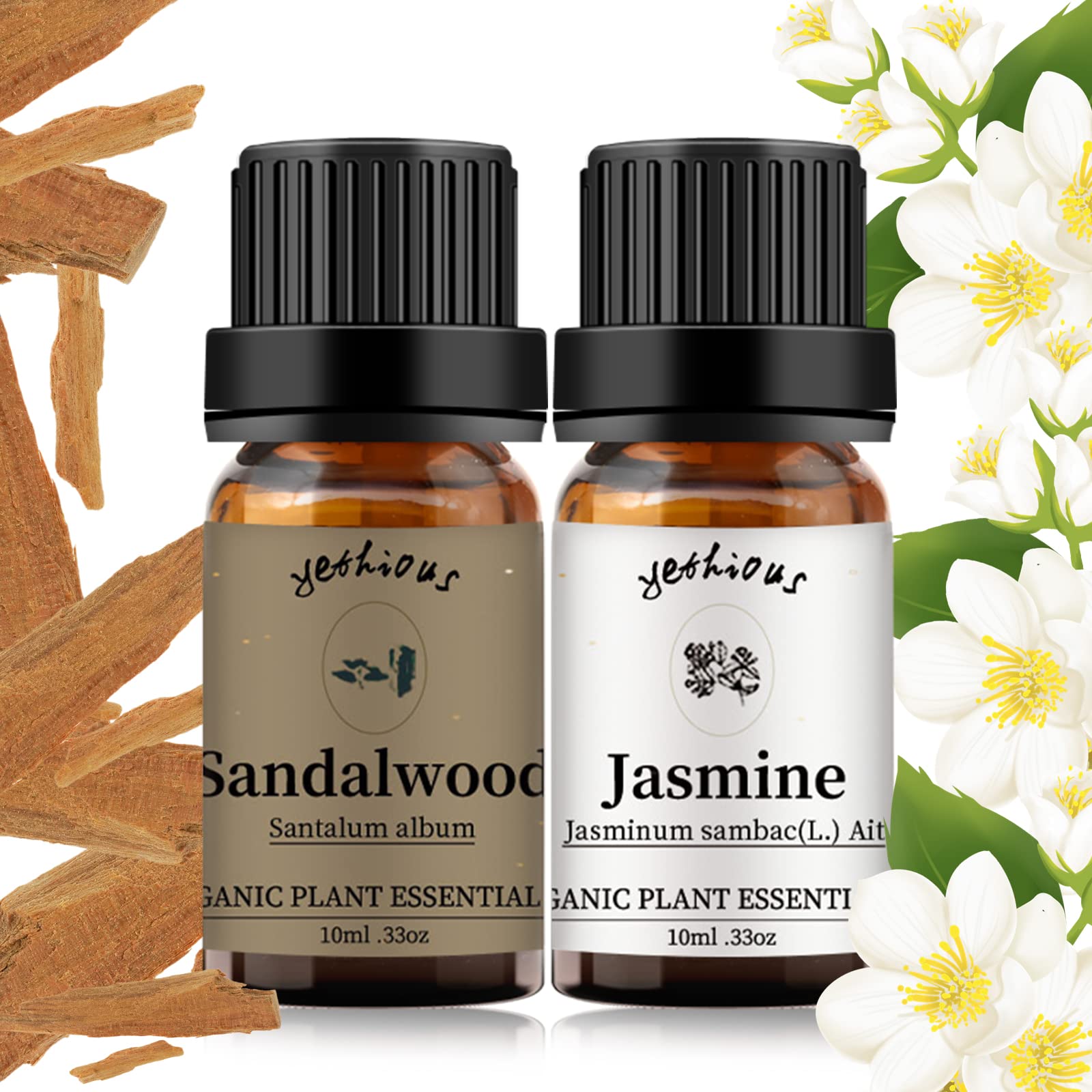 Yethious 100% Pure Organic Jasmine & Sandalwood Essential Oil Set - Aromatherapy Diffuser, Soap & Candle Making - Perfect for Relaxation, Spa & Home Fragrance