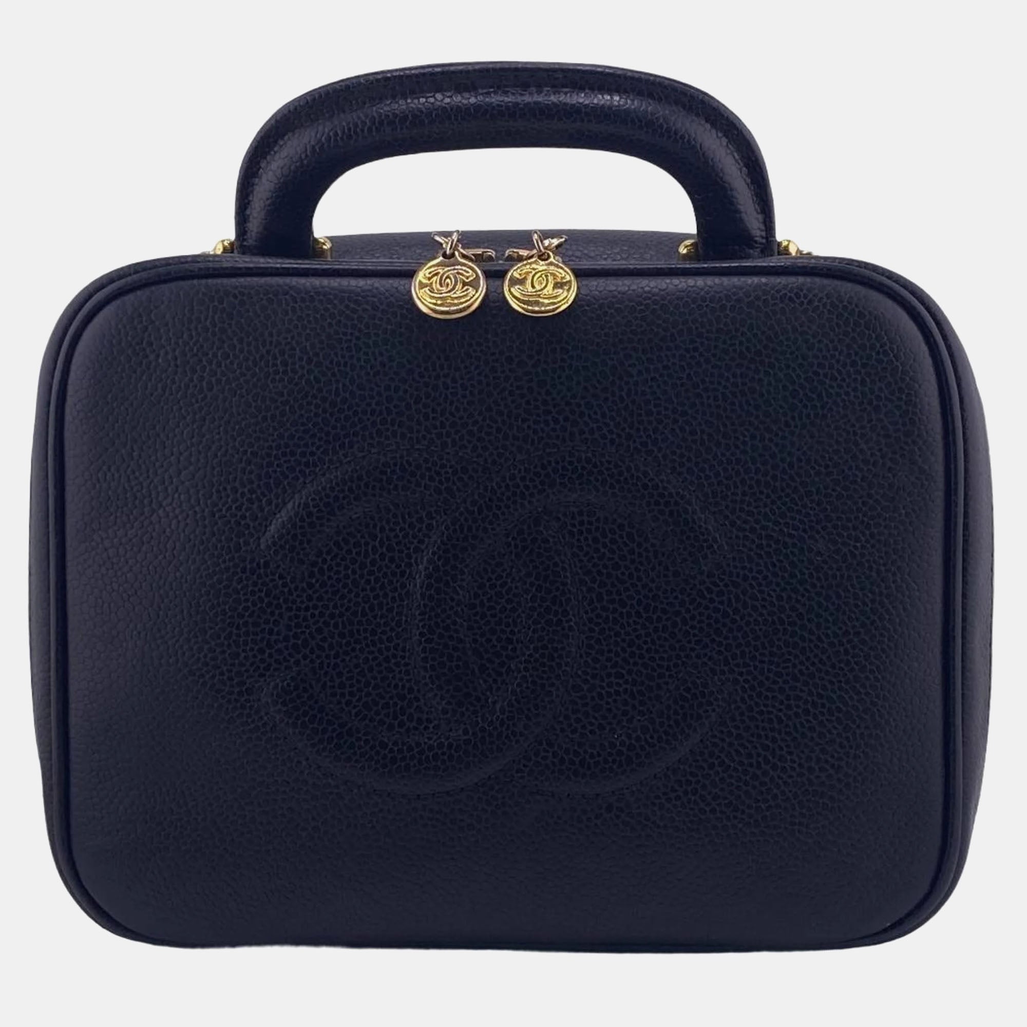 Luxury Black Caviar Leather Medium Vanity Case Clutch for Women - Elegant Evening Bag with Gold Hardware, Perfect for Parties, Weddings & Special Occasions