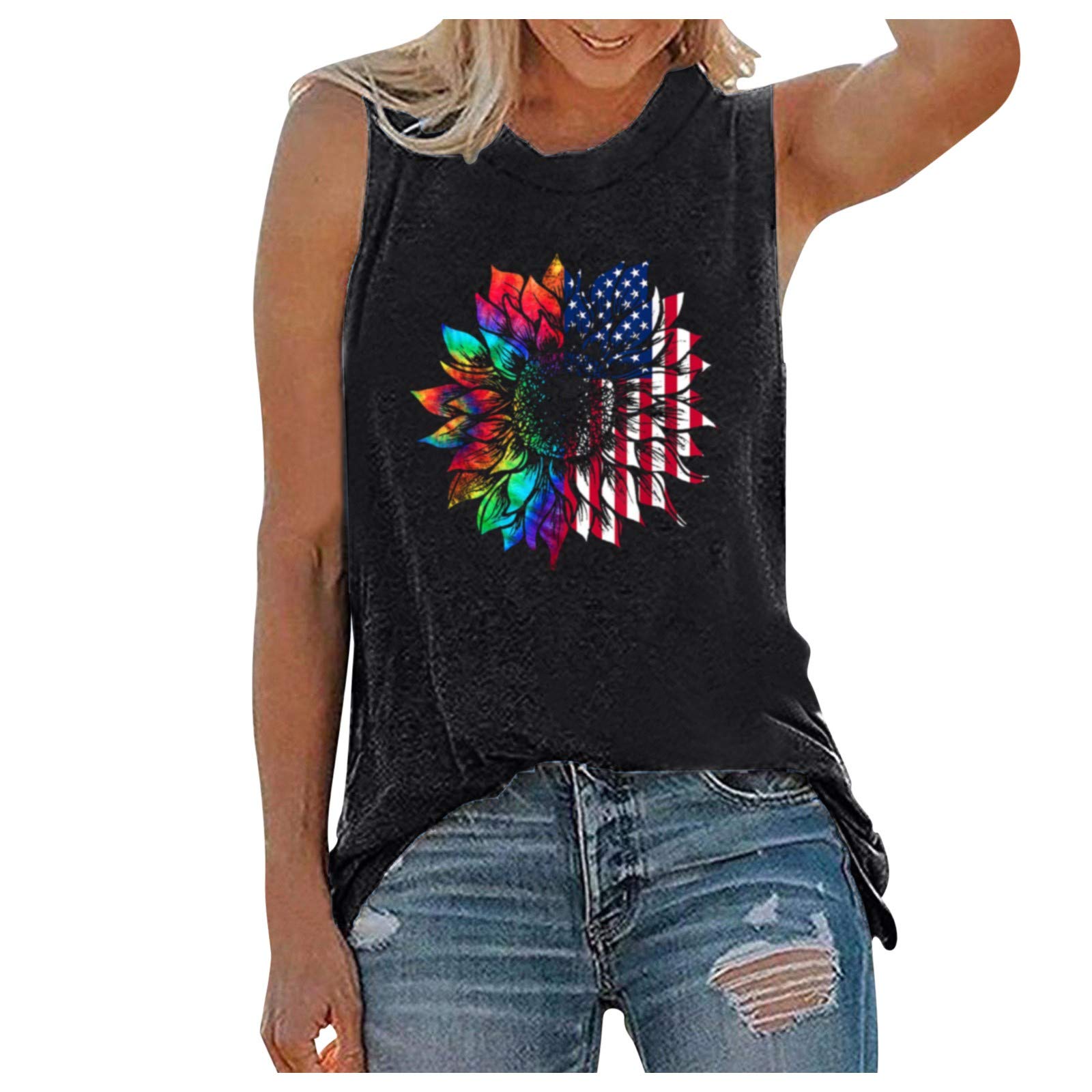 Plus Size Women's Printed Sunflower O-Neck Tank Tops - Casual Sleeveless Loose Fit Summer Tops for Everyday Wear, Beach Outings & Layering