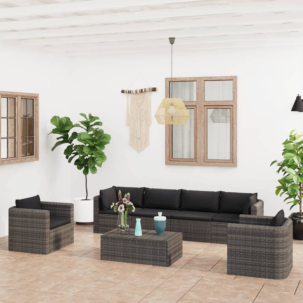 7-Piece Outdoor Patio Furniture Set with Cushions - Gray Poly Rattan Lounge & Conversation Set for Garden, Lawn, Backyard & Poolside | Perfect for Relaxing, Entertaining & Outdoor Dining