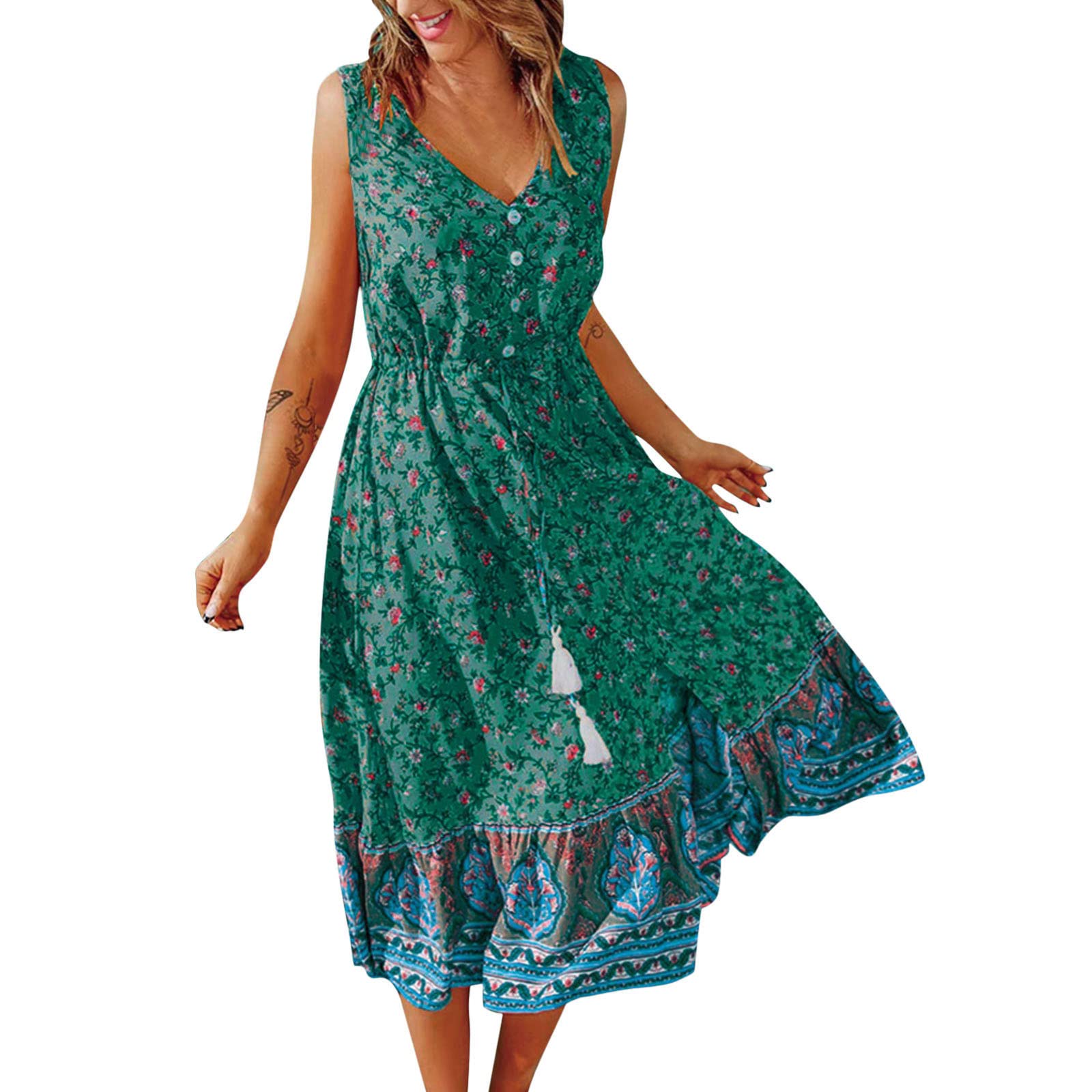 Women's Summer Boho Floral Print V-Neck Sleeveless Waist Dress - Casual Short Sundress for Beach, Vacation & Outdoor Parties