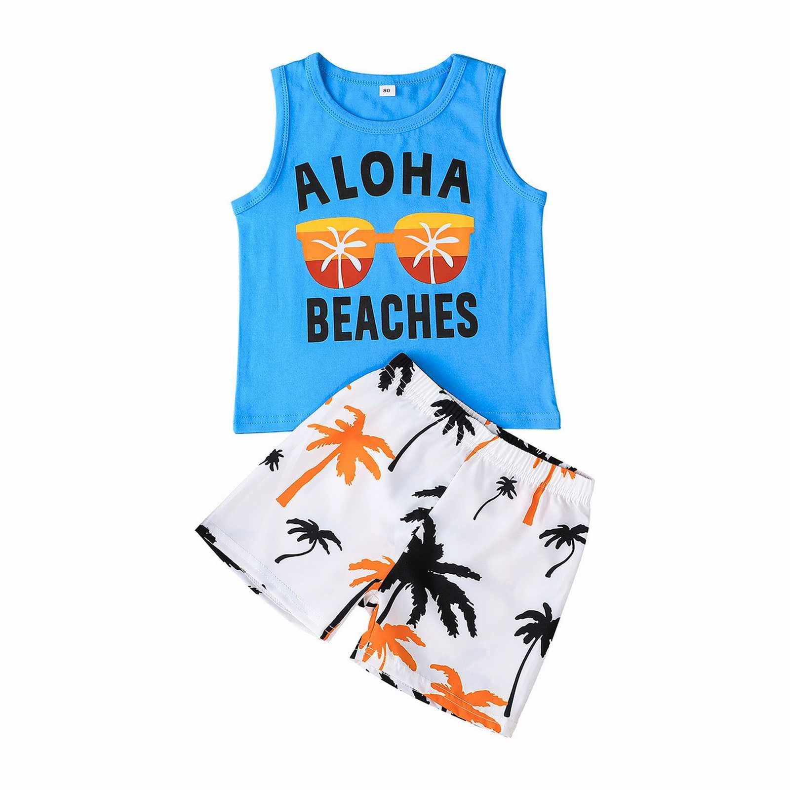 Toddler Boy Summer Outfit - Coconut Tree Vest & Shorts Set for Beach Play