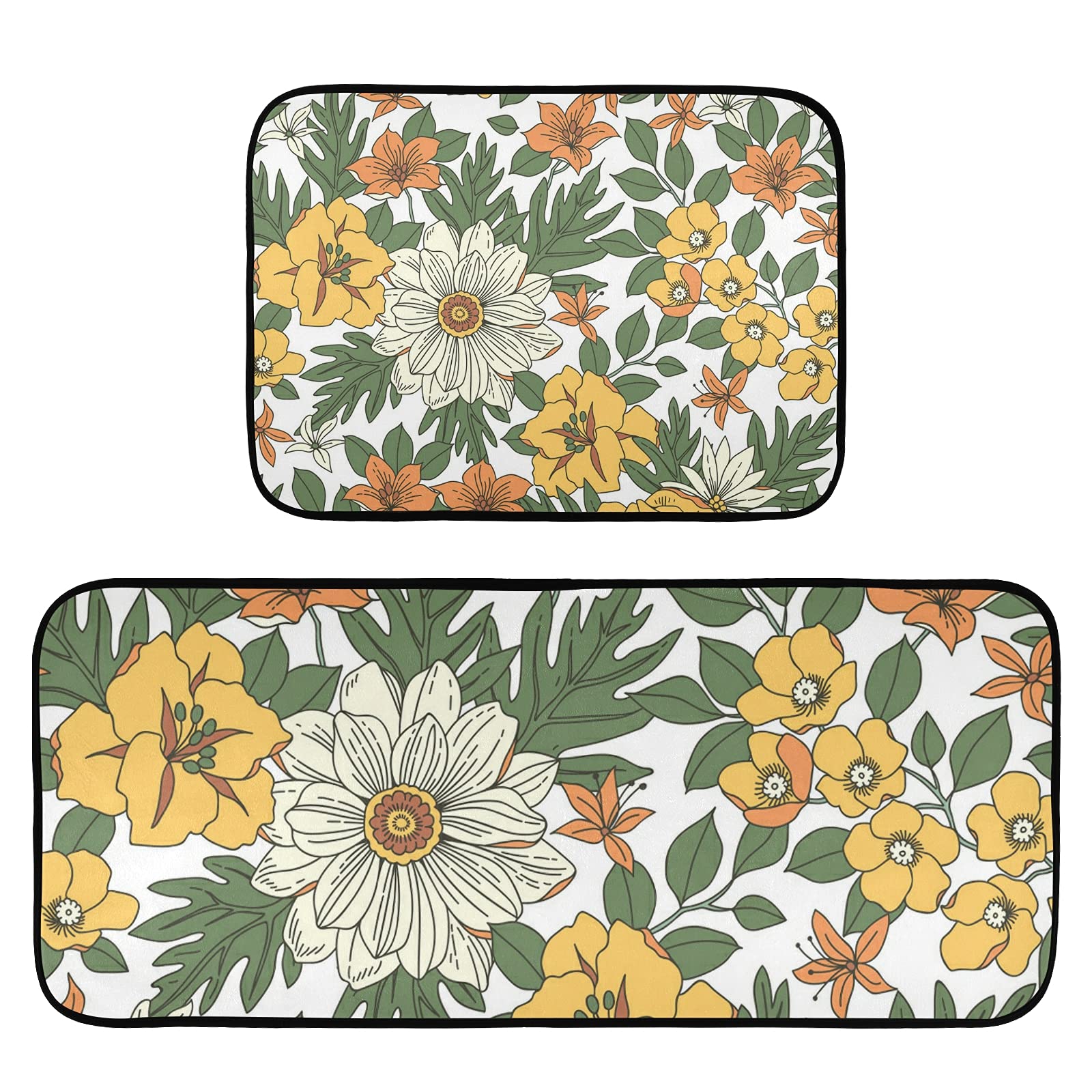 Exotic Flowers Anti-Fatigue Kitchen Mat Set of 2 - Non-Slip Waterproof Sink Floor Mats for Home Decor, Perfect for Kitchen, Laundry Room, and Bathroom Use