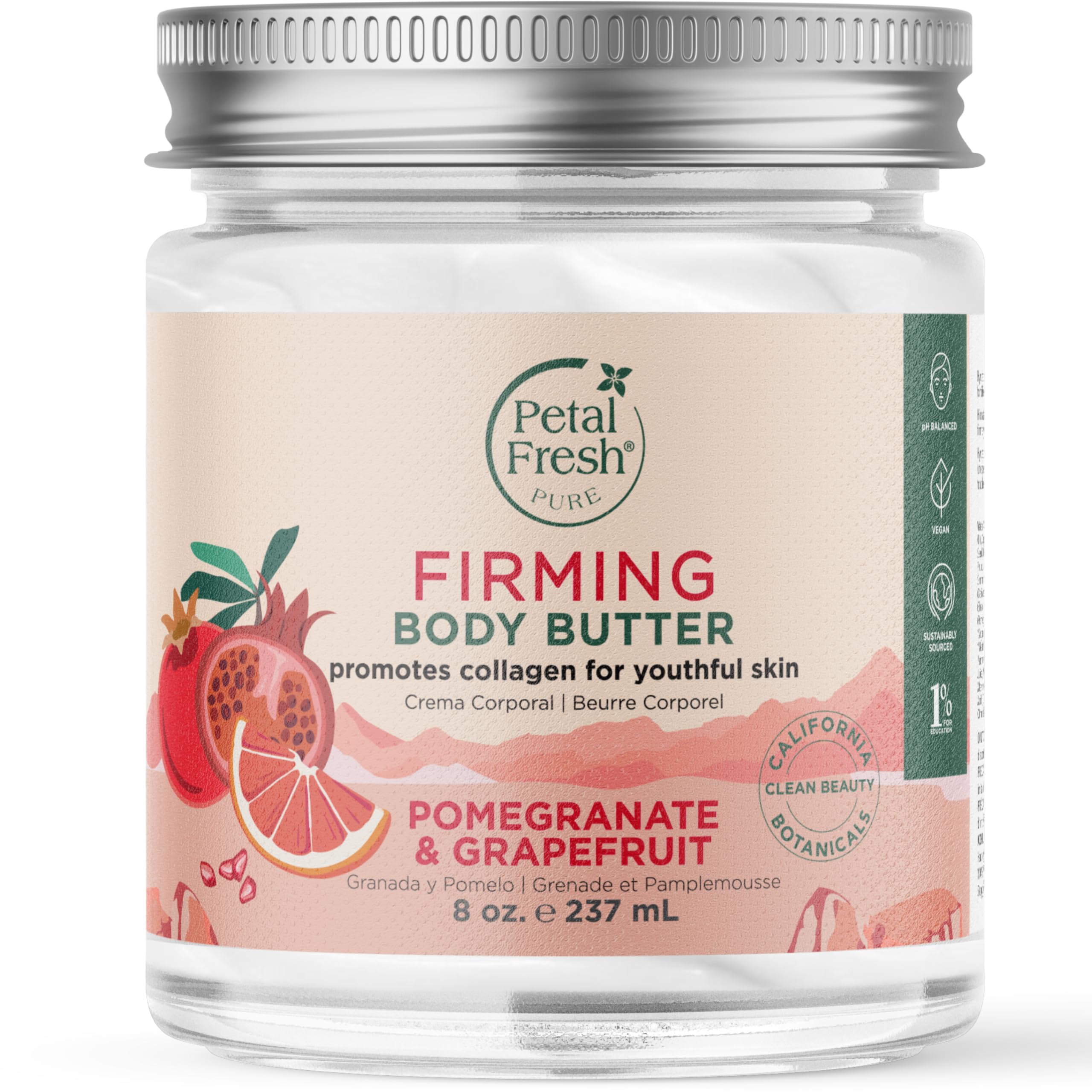 Petal Fresh Pure Firming Pomegranate & Grapefruit Body Butter - 8 oz | Organic Coconut Oil, Argan Oil, Shea Butter | Collagen Boosting Moisturizer | Natural Vegan Skincare for Dry Skin | Cruelty Free Body Lotion for Women & Men | Perfect for Daily Hydration & Nighttime Routine