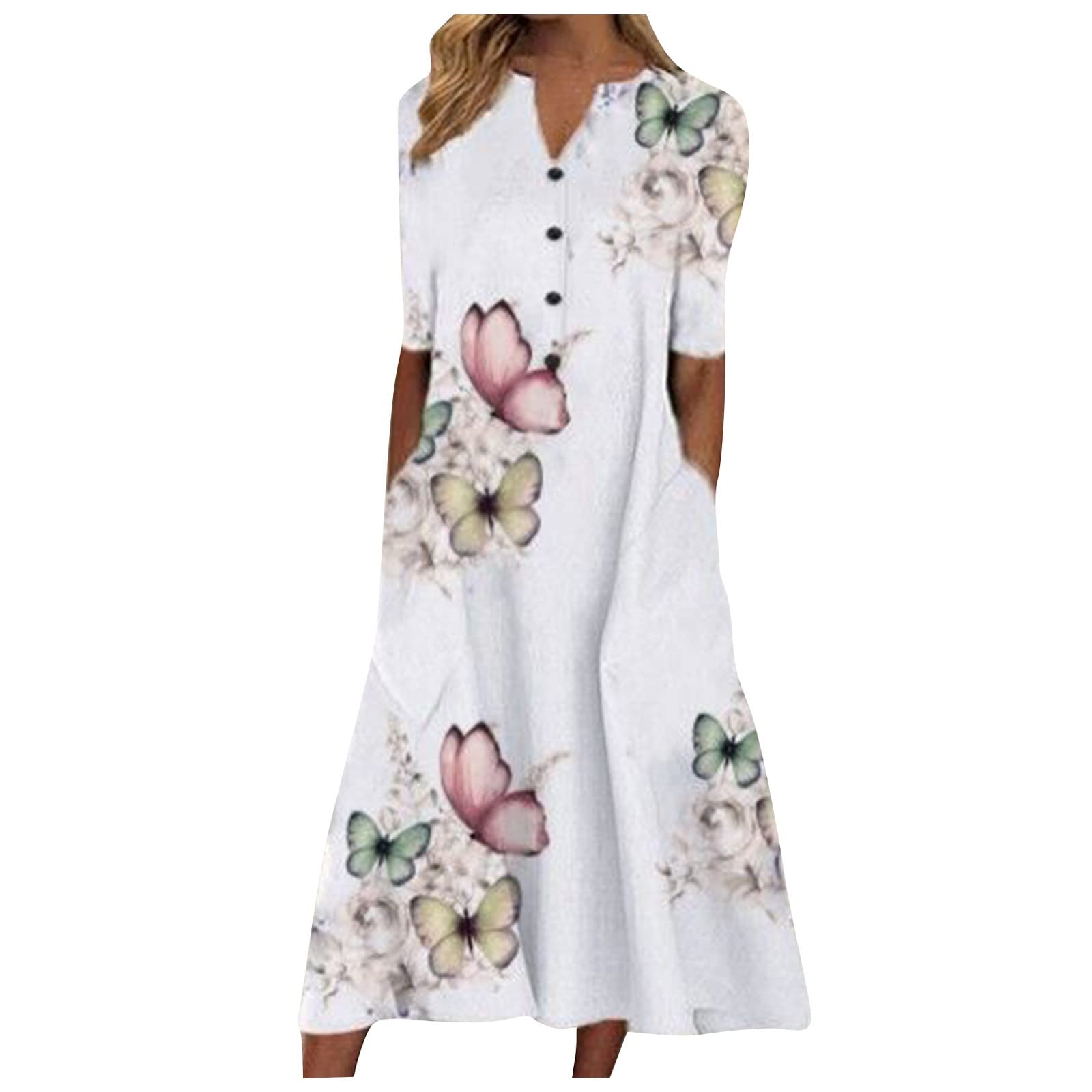 Elegant Floral Print Midi Dress for Women - Short Sleeve V-Neck Wedding Guest Dress with Button Pockets | Perfect for Summer Weddings, Garden Parties & Casual Outings