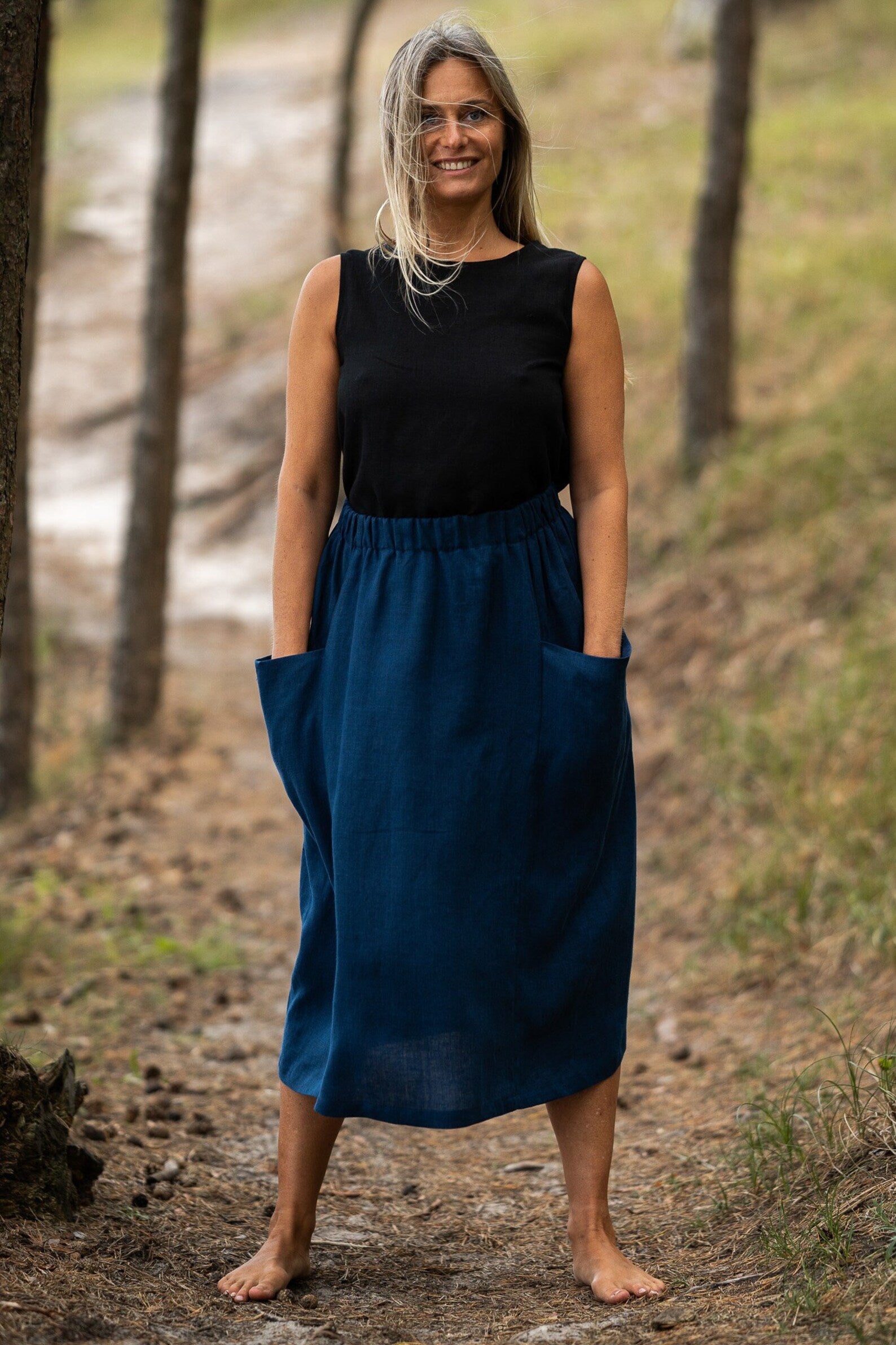High Waist Deep Pockets MIDI Linen Skirt in Midnight Blue - Women's Summer Casual Skirt for Beach, Office & Date Night