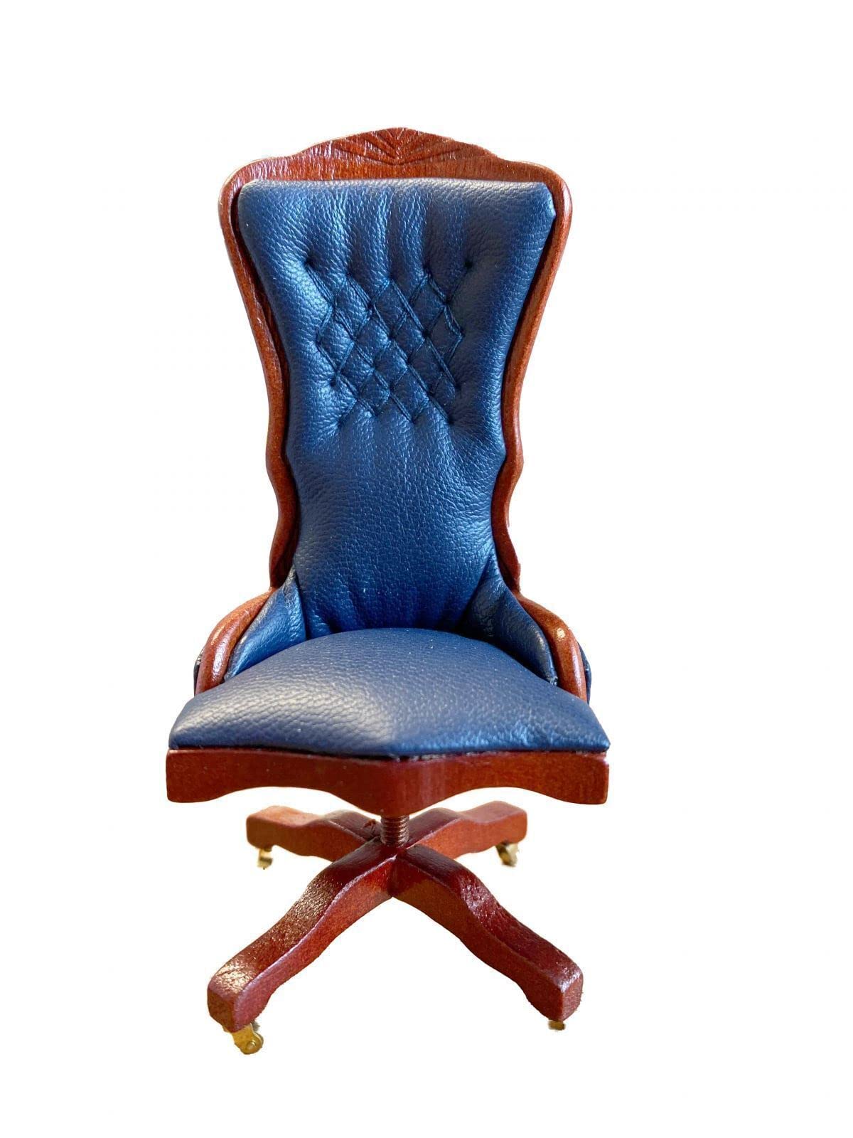 Miniature Walnut & Blue Dollhouse Desk Chair - 1:12 Scale Study Office Furniture for Dollhouse, Model House, and DIY Craft Projects - Perfect for Miniature Scenes and Collectors