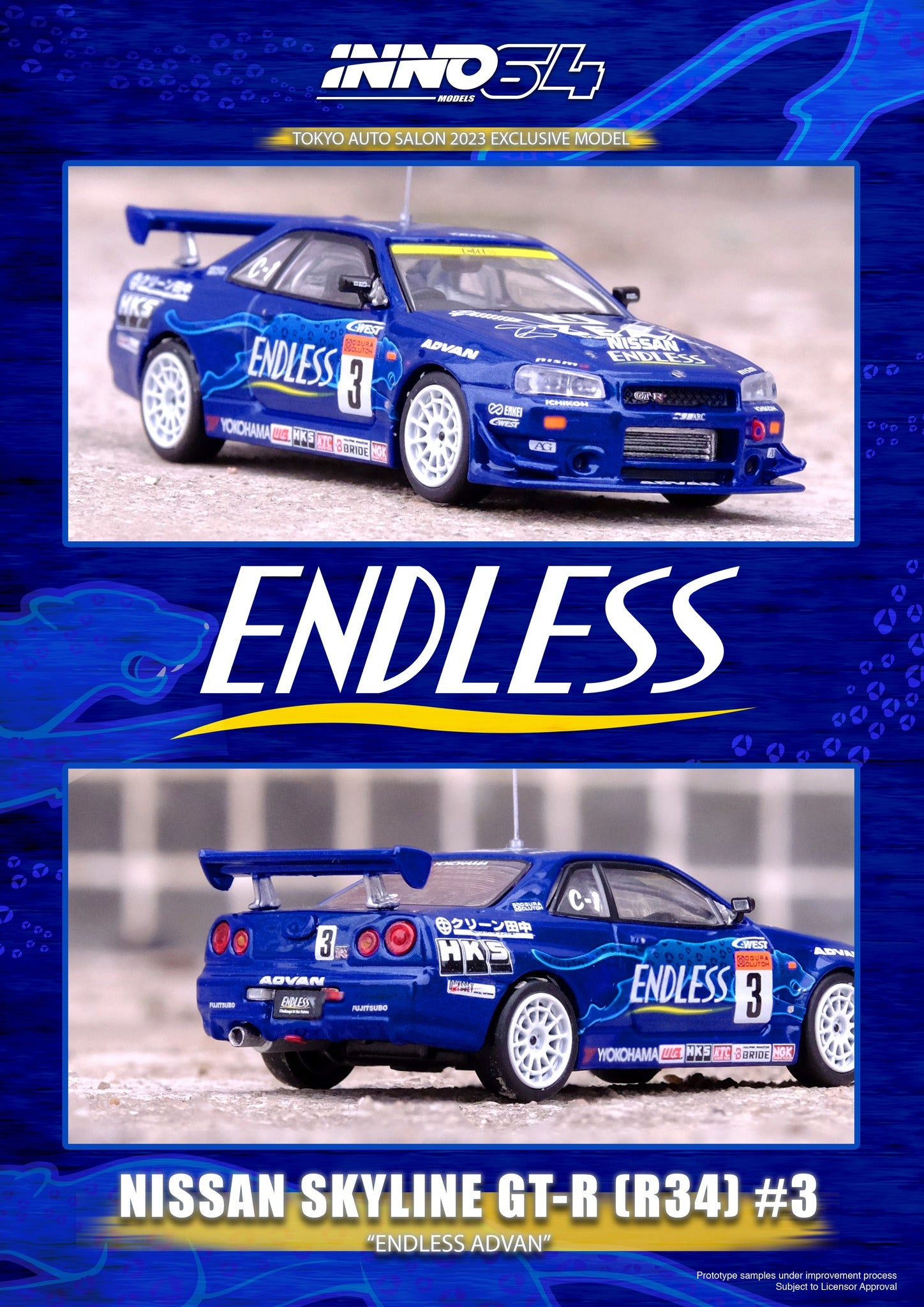INNO64 1:64 Scale Nissan Skyline GT-R (R34) #3 ENDLESS ADVAN TAS 2023-2024 Special Edition Diecast Model Car - Collectible, Gift for Car Enthusiasts, Display for Home & Office