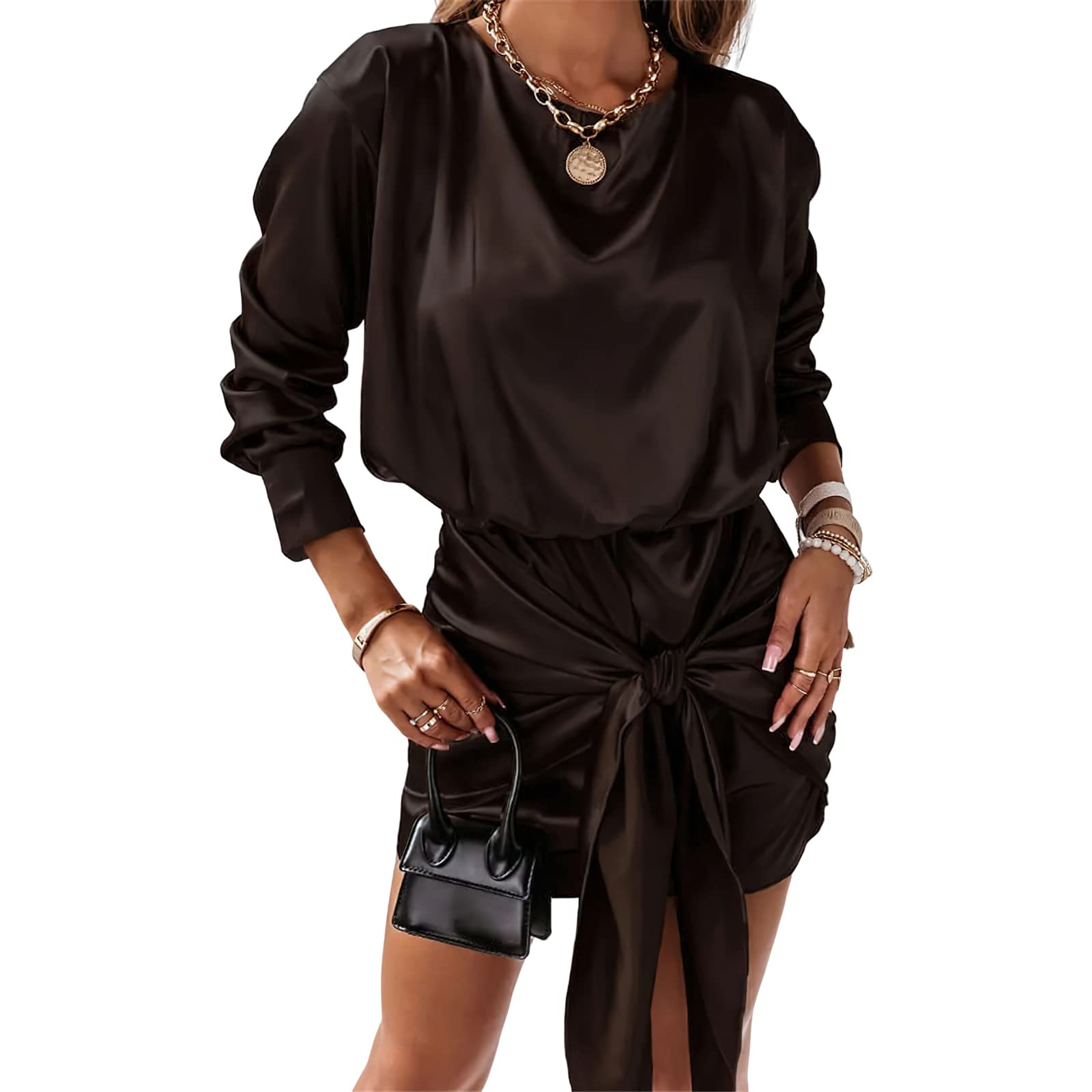Viatabuna Women's Party Dress - Solid Color Bodycon Mini Dress with Gathered Waist, Long Sleeves & Crew Neck - Perfect for Wedding Guest, Cocktail Party & Night Out