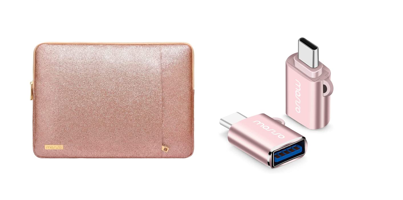 MOSISO 13-13.3 Inch Laptop Sleeve - PU Leather Vertical Padded Bag with Waterproof Protection | Includes 2-Pack USB C to USB Adapter (Type-C to USB 3.0, Thunderbolt 3 OTG Converter) in Rose Gold | Perfect for MacBook, Travel & Office Use