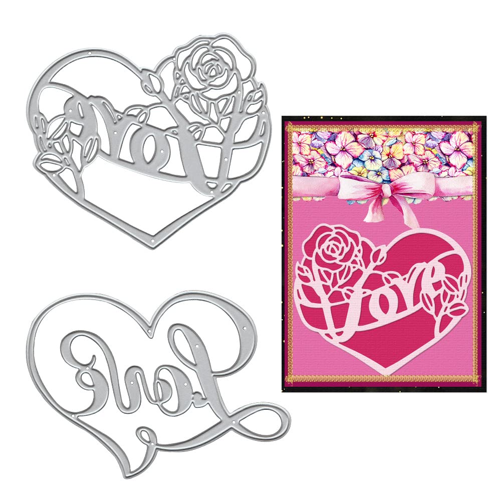 Valentines Metal Cutting Dies for Card Making - 2 Love Hearts Roses Words Die Cuts, Embossing Stencil Template Tool | DIY Scrapbooking, Paper Cards, Photo Albums & Craft Decorations for Valentines Day Gifts & Romantic Projects