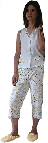 RocketWear Women's Duck Print Sleeveless Button-Down Capri Pajama Set - Soft Cotton Knit Sleepwear for Summer Nights & Lounge Wear