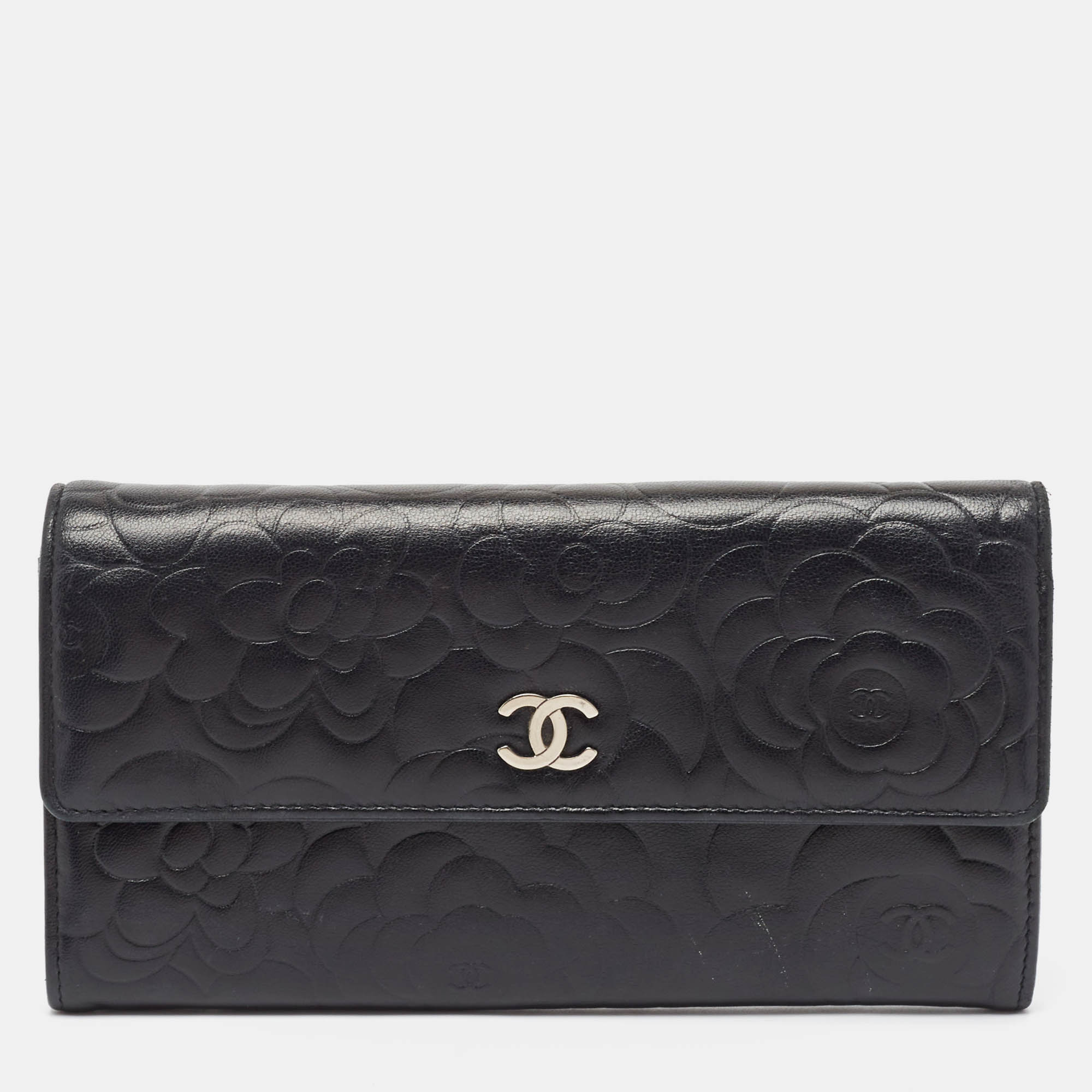 Premium Black Camellia Embossed Leather Large Flap Wallet for Women - Stylish RFID Blocking Clutch Purse with Multiple Card Slots (Perfect for Travel, Shopping & Everyday Use)