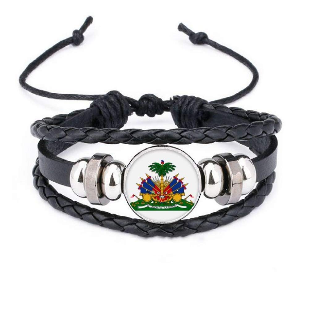 DIYthinker Haiti & North America National Emblem Bracelet - Handmade Braided Leather & Woven Rope Wristband for Men & Women - Perfect for Travel, Cultural Events & Patriotic Gifts