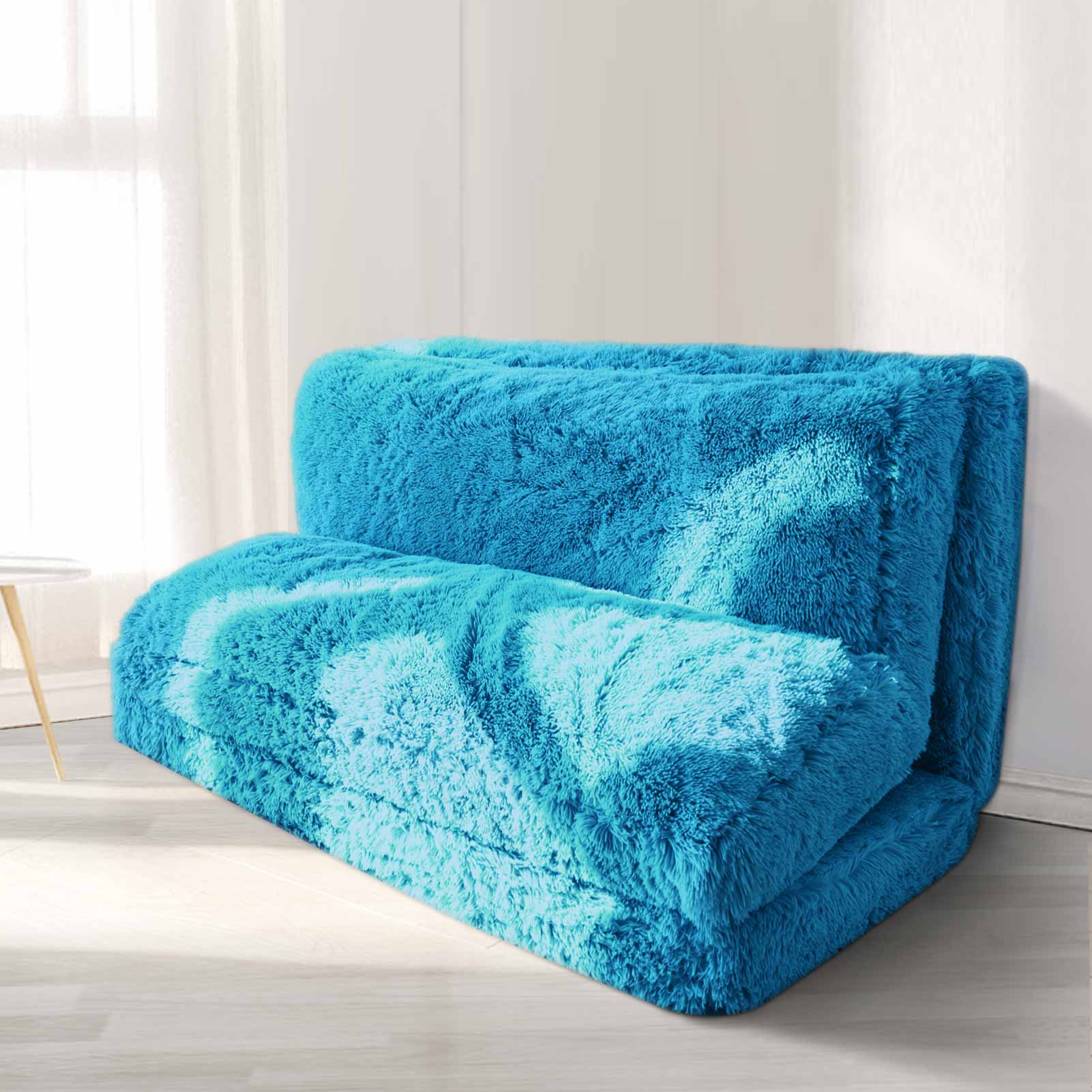 MAXYOYO Folding Bean Bag Sofa Bed - Soft Faux Fur Floor Couch with Foam Filling, Blue - Perfect for Living Room, Bedroom, Dorm & Small Space Relaxation