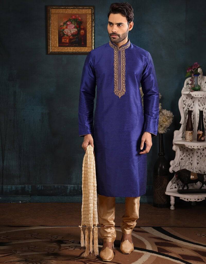 Elegant Blue Banarasi Silk Kurta with Churidar - Traditional Indian Ethnic Wear for Festivals, Weddings & Special Occasions