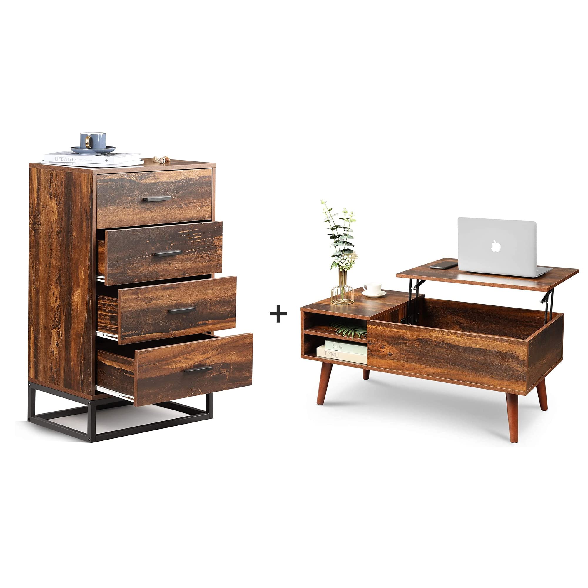 WLIVE Lift Top Coffee Table with 4 Drawers - Adjustable Storage Shelf, Rustic Oak Lift Tabletop Dining Table for Living Room, Office & Home | Perfect for Small Spaces, Entertaining & Multifunctional Use