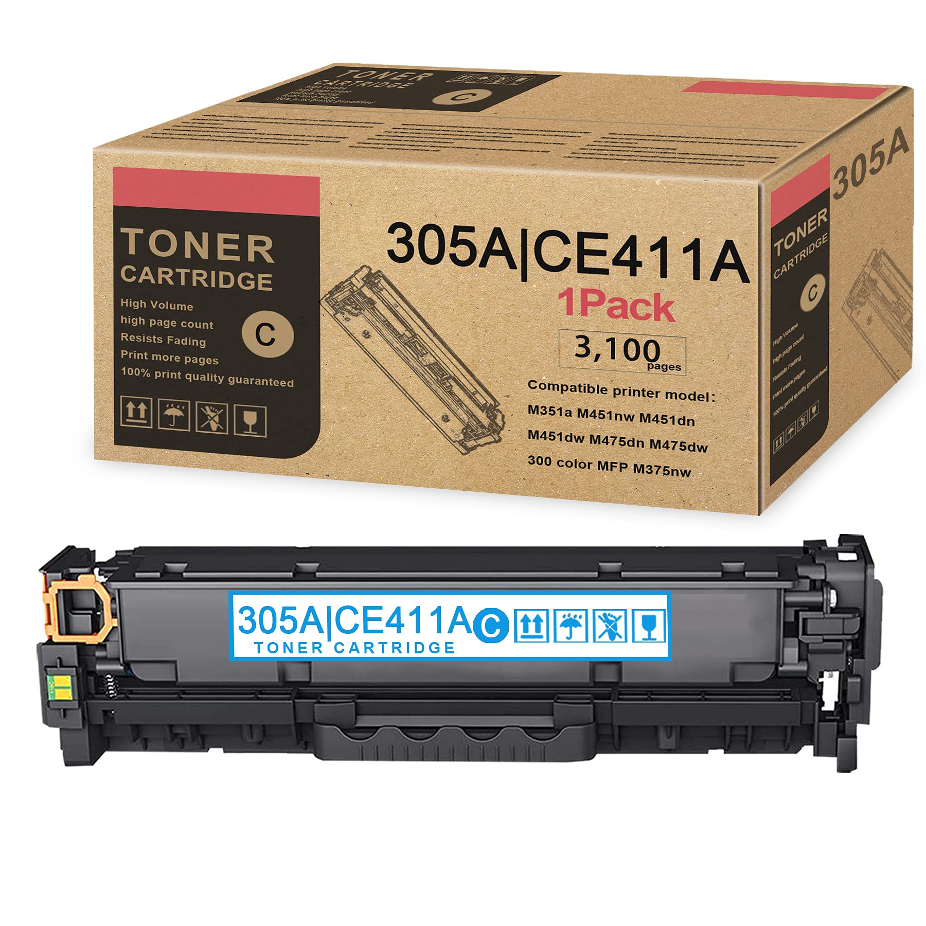 HP 305A CE411A Compatible Toner Cartridge (1-Pack, Cyan) - Replacement for HP Pro 300 Color Printer M351a M451nw M451dn M451dw M475dn M475dw M375nw - Ideal for Home Office & Small Business Printing