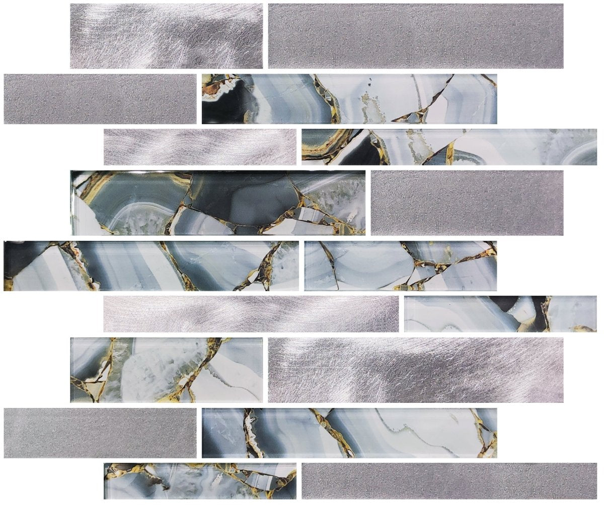 12 x 12 Inch Blue & Silver Mosaic Tile - Glossy & Brushed Finish for Bathroom, Kitchen Backsplash, and Pool Decor