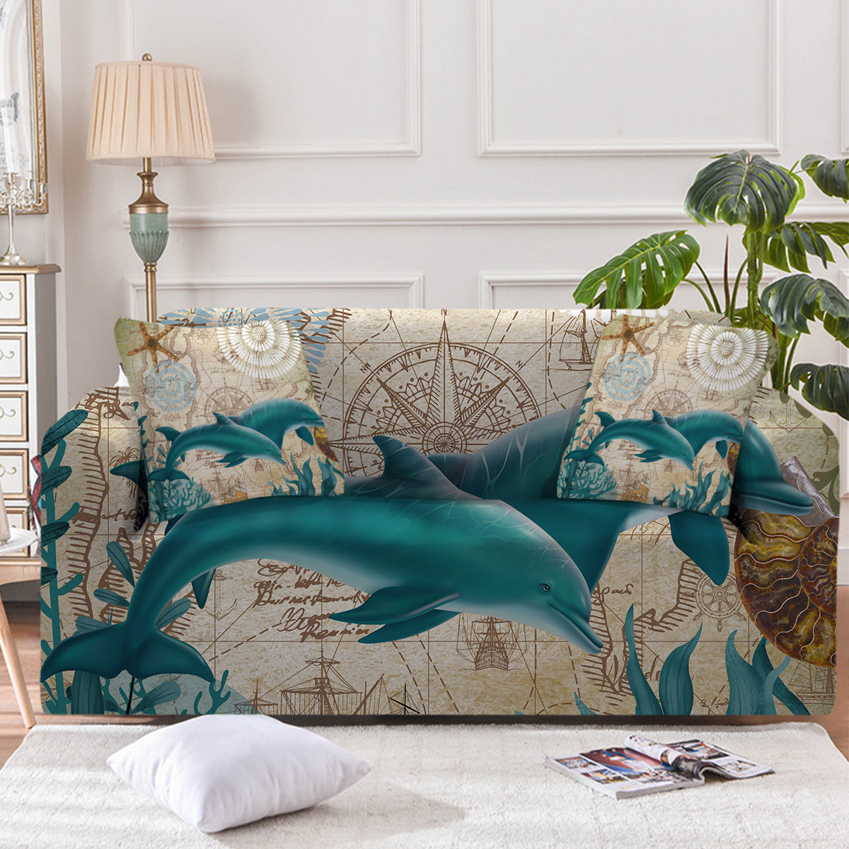 Dolphin Love Couch Cover - Soft Stretch Sofa Protector with Non-Slip Design - Perfect for Living Room, Bedroom & Pet-Friendly Homes