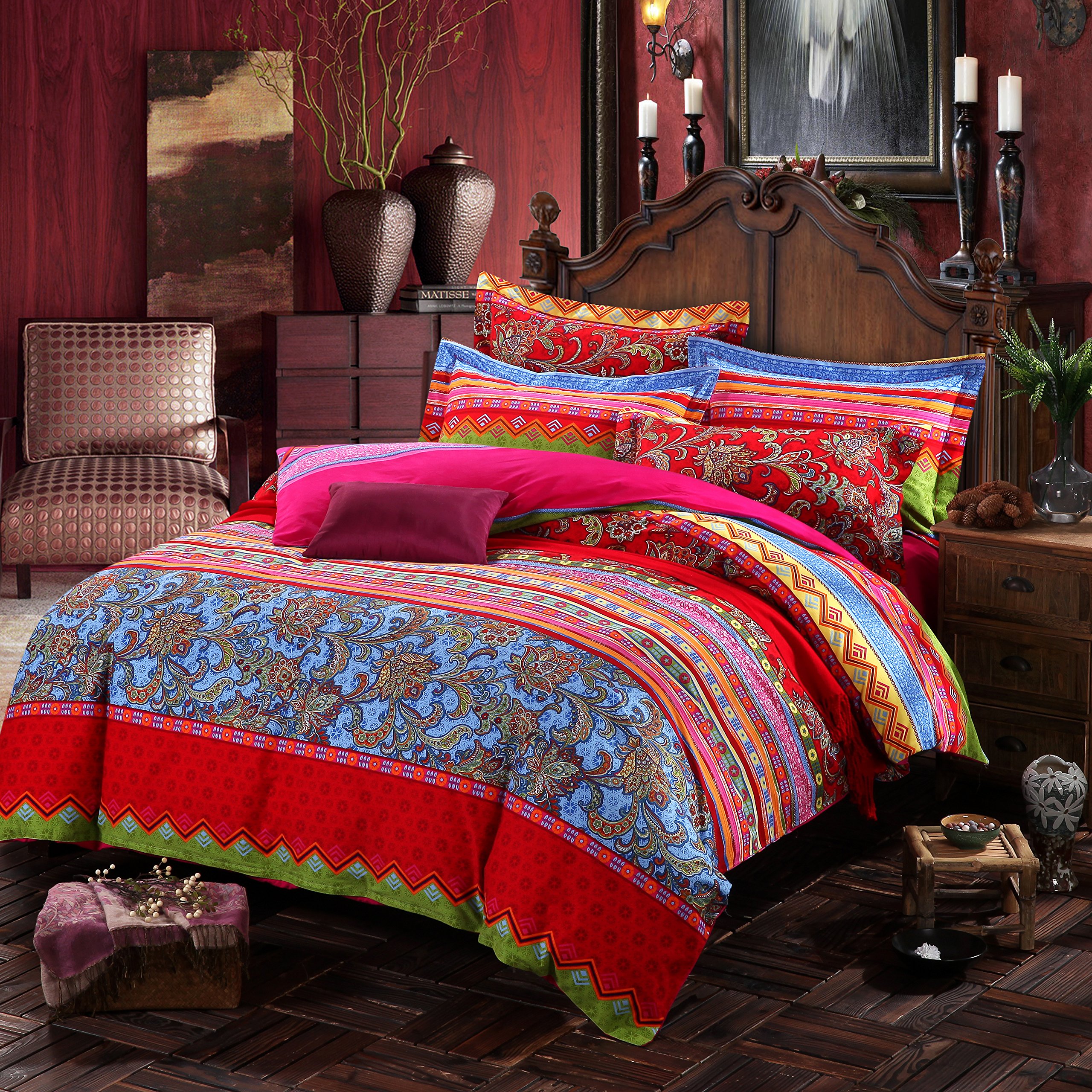 Bohemian Duvet Cover Set 100% Cotton Queen Size 4-Piece - Exotic Boho Bedding with Paisley Print for Bedroom Decor, Soft & Breathable (Includes Duvet Cover + 2 Pillowcases) - Perfect for Guest Rooms, Master Bedrooms & Bohemian Style Homes