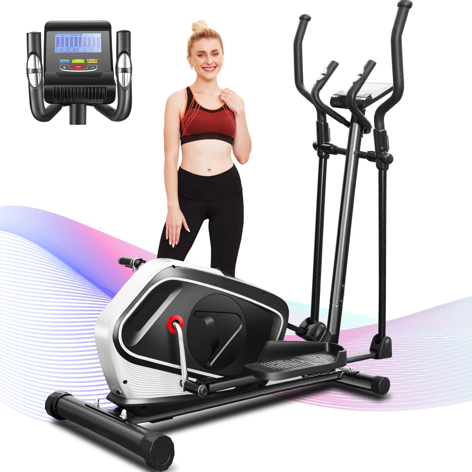 FUNMILY E970 Magnetic Elliptical Trainer Machine for Home Gym - Digital Monitor with Heart Rate Sensor, 390 LB Weight Capacity - Perfect for Cardio Workouts, Home Office Fitness & Small Spaces