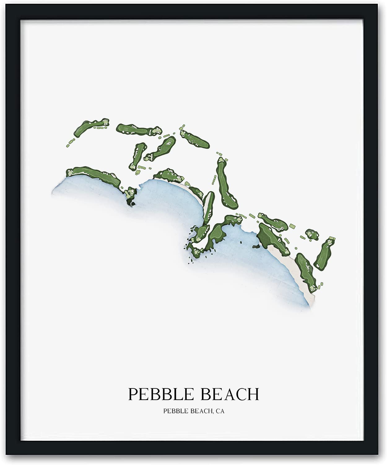 Pebble Beach Golf Course Map Art - 11x14 Inch Framed Wall Decor, Black Wood Frame - Perfect for Home, Office & Golf Lover Gifts