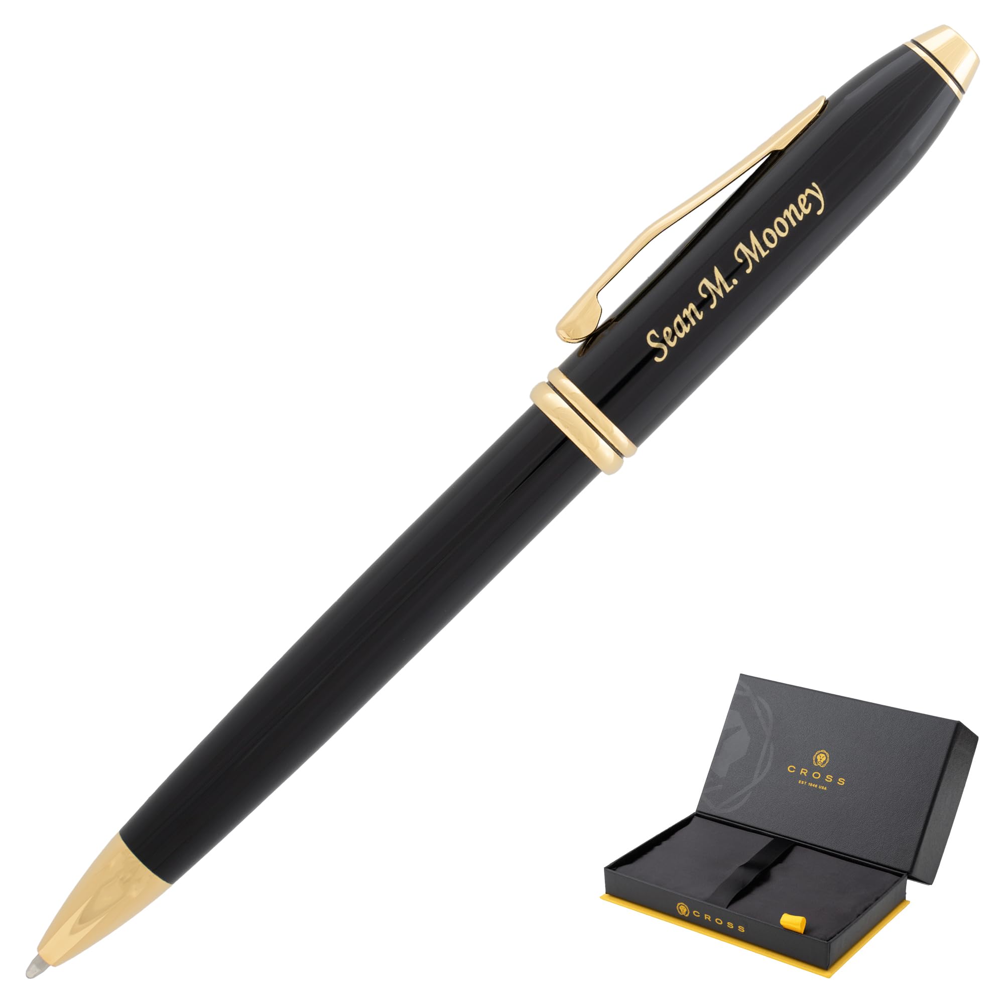 Engraved Cross Pen | Personalized Cross Townsend Ballpoint Pen with Black Lacquer Finish & 23K Gold Accents - Custom Executive Gift Pen for Business, Graduation & Special Occasions