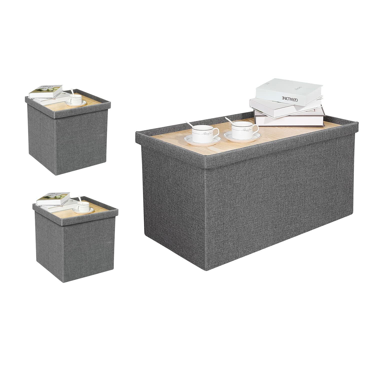 3-Pack Grey Storage Ottoman Coffee Table with Tray - Foldable Long Storage Bench for Living Room, Bedroom & Entryway Organization