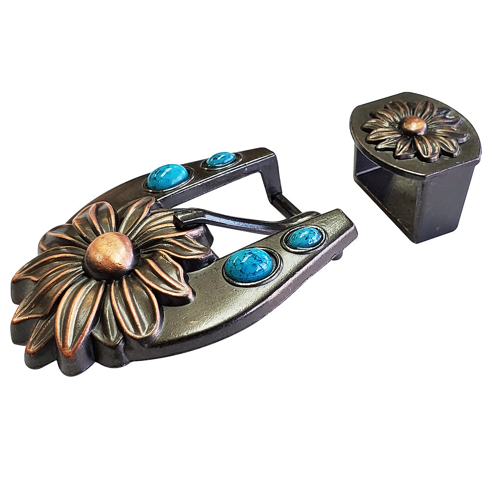 Hilason Western Floral Belt Buckle with Keeper - 3/4 Inch Antique Copper Finish & Turquoise Stone Concho - Western Tack & Headstall Accessories for Cowboy, Rodeo, and Equestrian Events