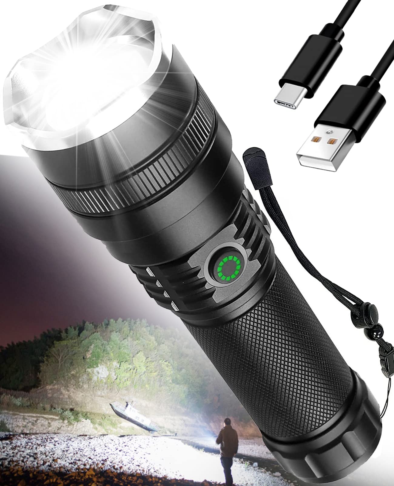 BERCOL 100,000 Lumen Rechargeable LED Flashlight - Zoomable 4 Modes, USB Charging & Battery Included - Waterproof High Lumens Flashlight for Camping, Hiking, Emergency, Outdoor Adventures & Power Outages