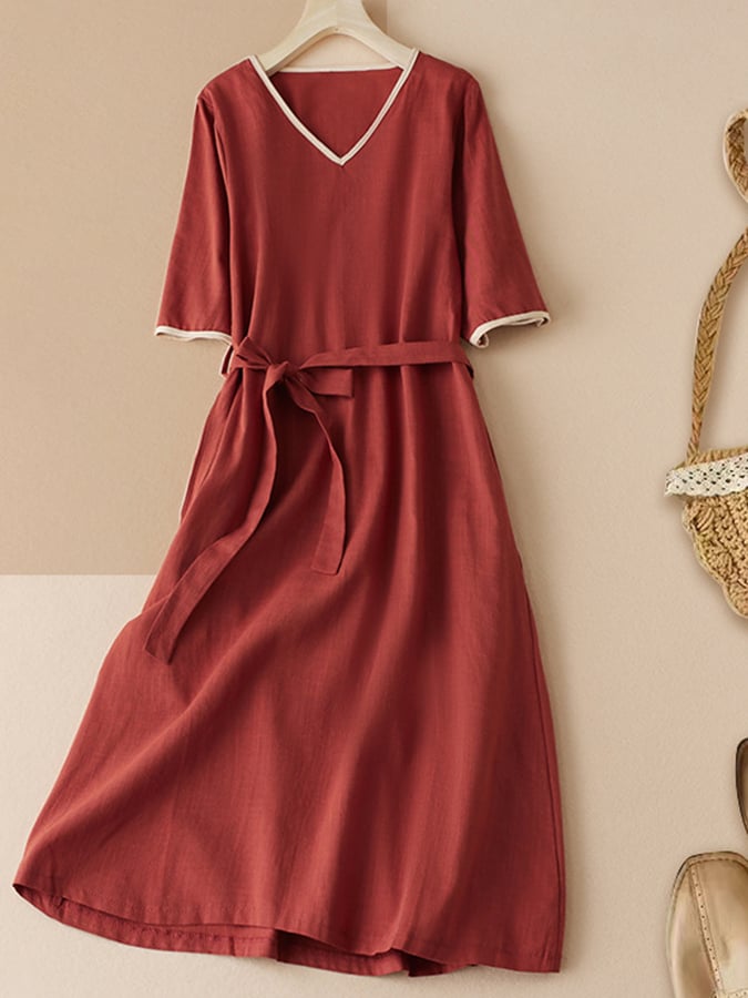 Lovevop Women's Cotton Linen Blend Solid Color Tie-Waist Short Sleeve Midi Dress - Casual Summer Beach Wear, Boho Chic Outfit for Vacation & Date Night