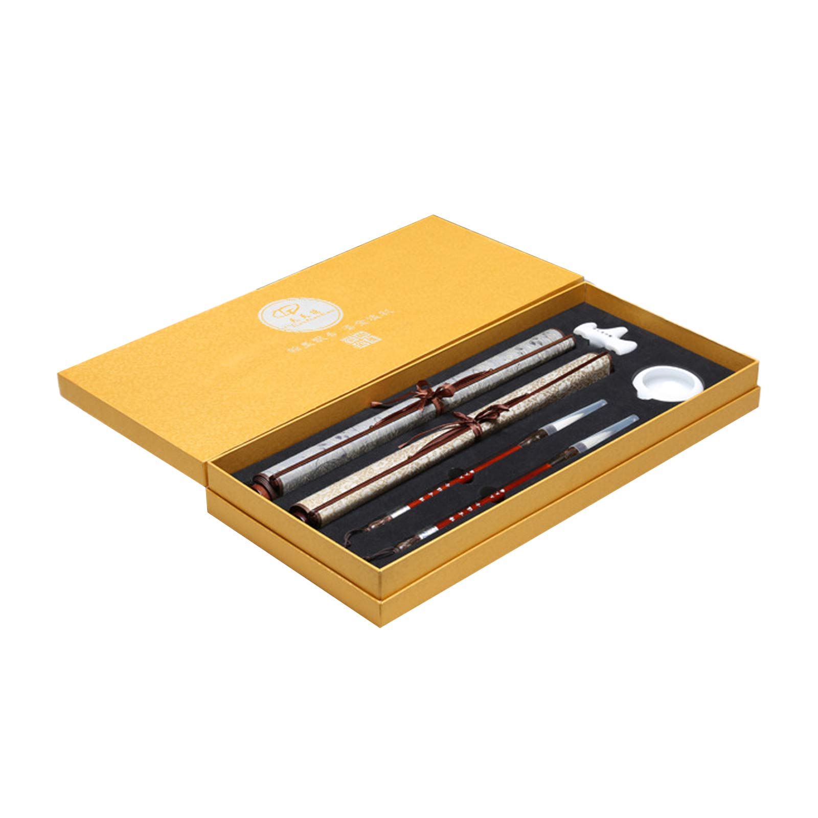 2 Pack Reusable Chinese Calligraphy Magic Water Writing Paper Set with 2 Brushes, 1 Water Dish & 1 Pen Holder - Beginner Friendly Practice Kit in Yellow Gift Box | Perfect for Chinese Calligraphy Learning, Home Decoration & Cultural Gift Giving