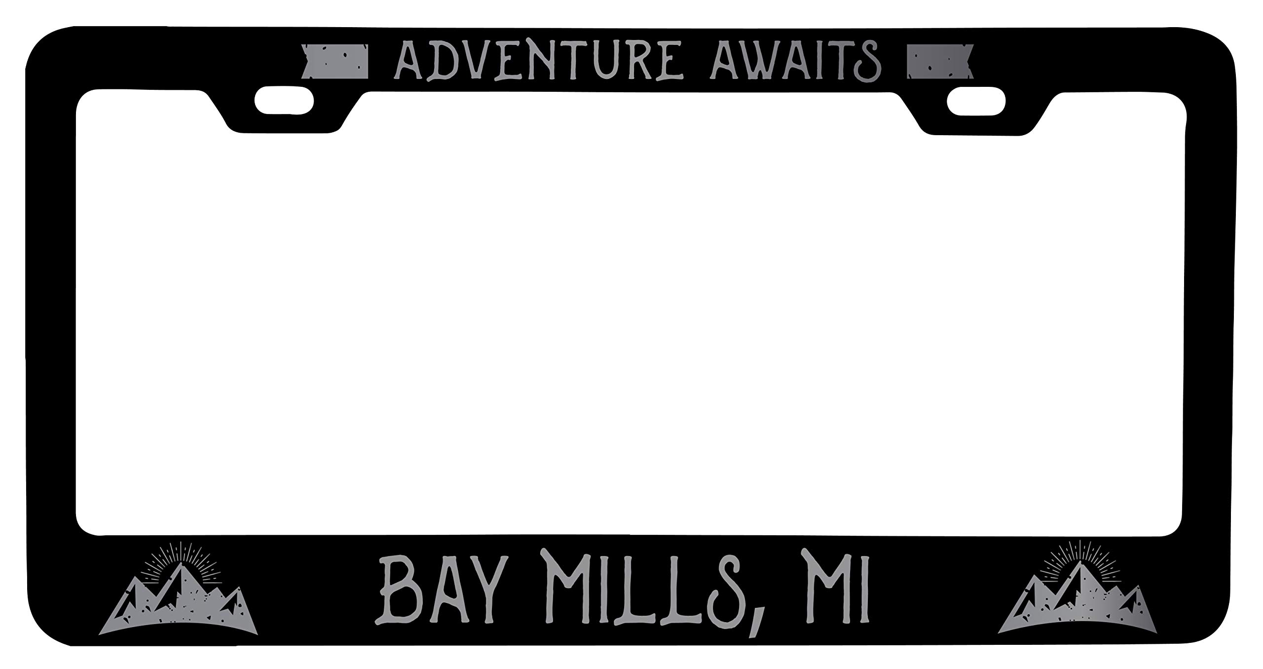 Custom Laser Etched Black Metal License Plate Frame - Bay Mills Michigan Design - Durable Car Accessory for Vanity & Personalization - Perfect for Cars, Trucks, and Motorcycles