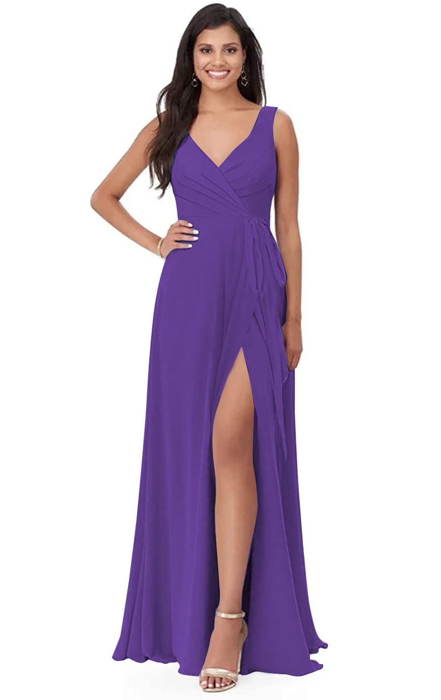 Elegant Split V-Neck Chiffon Bridesmaid Dress - Long A-Line Formal Evening Gown with Pleated Detail & Adjustable Belt | Perfect for Weddings, Prom, Cocktail Parties & Special Occasions