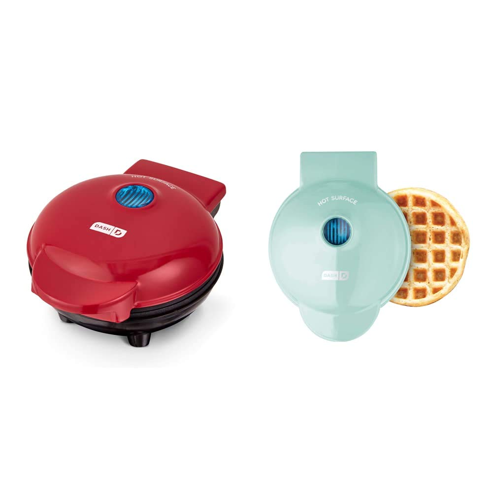 Dash Mini Maker Portable Grill & Panini Press - 4 Inch Waffle Maker for Individual Servings, Hash Browns, Sandwiches | Compact & Lightweight for Travel, Dorms, Office & Small Kitchens (Red & Aqua, Model DMW001AQ)