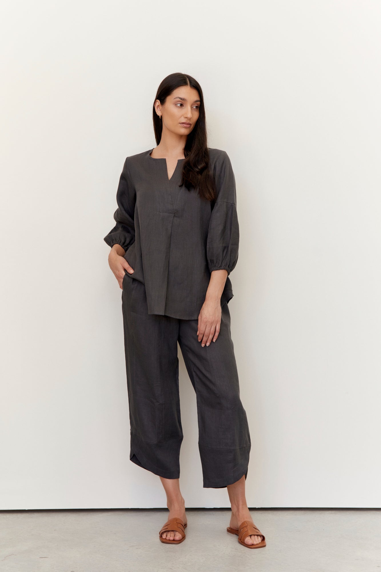 Clancy Linen Top Charcoal - Women's Casual Linen Blouse for Summer | Perfect for Beach, Office & Date Night Outfits