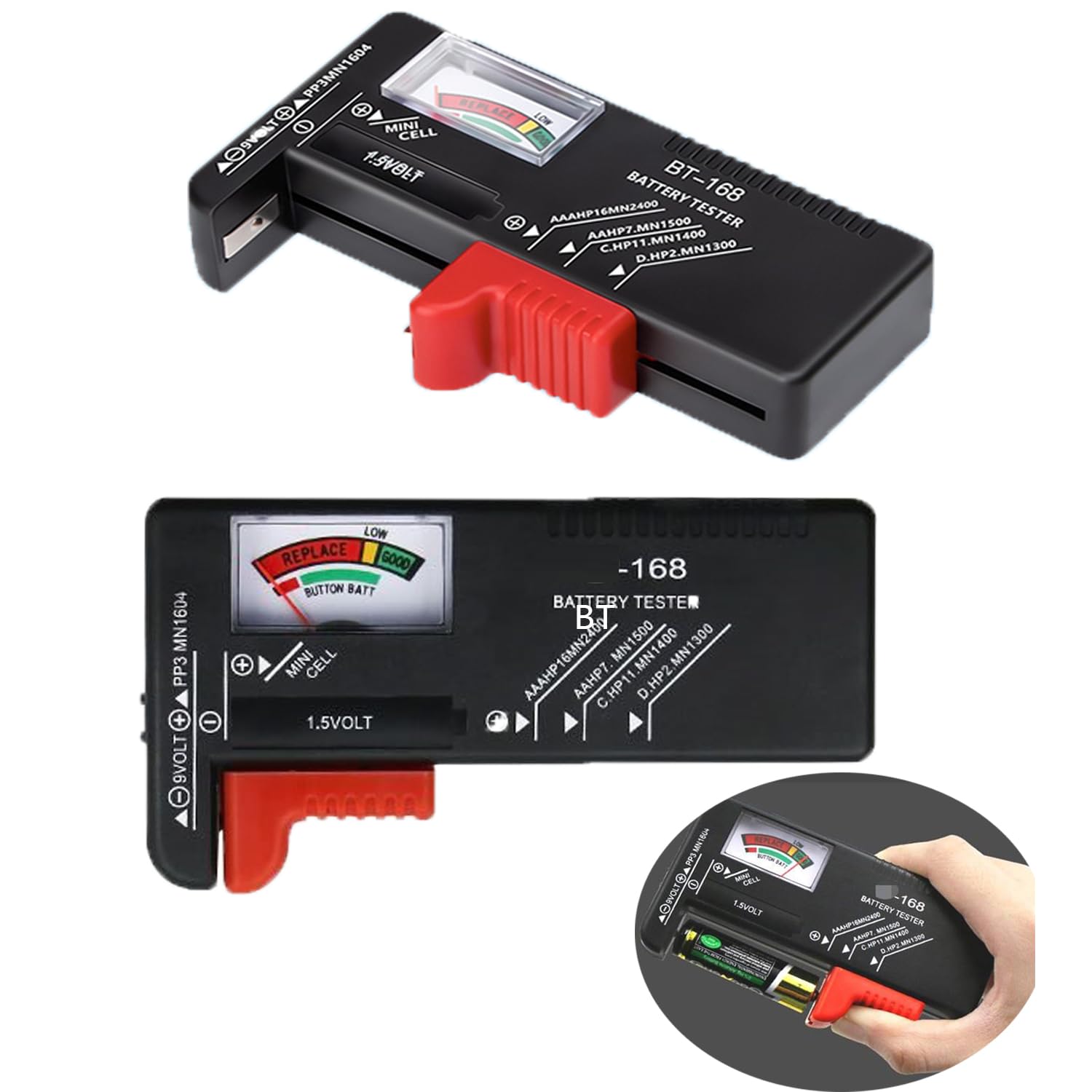 2pcs Universal Battery Tester Checker for AAA AA C D 9V 1.5V Button Cell Batteries - Household Battery Voltage Tester (Model BT-168) - Perfect for Home, Office, and Emergency Kits