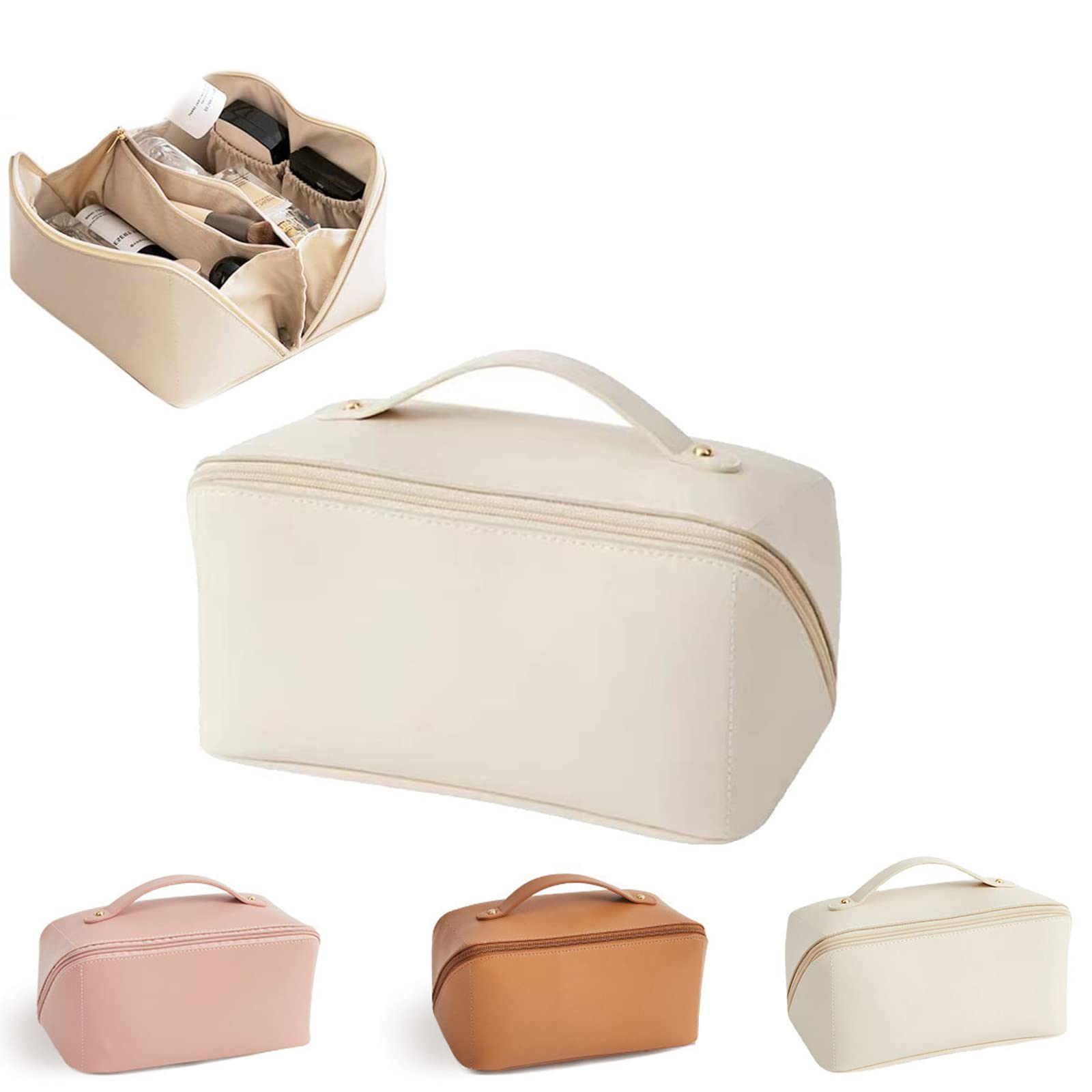 Premium Large-Capacity Leather Makeup Bag - Waterproof Travel Cosmetic Organizer with Handle, Brush Slots & Dividers - Perfect for Skincare, Cosmetics & Toiletry Storage (White) | Ideal for Travel, Gym, Business Trips & Daily Organization