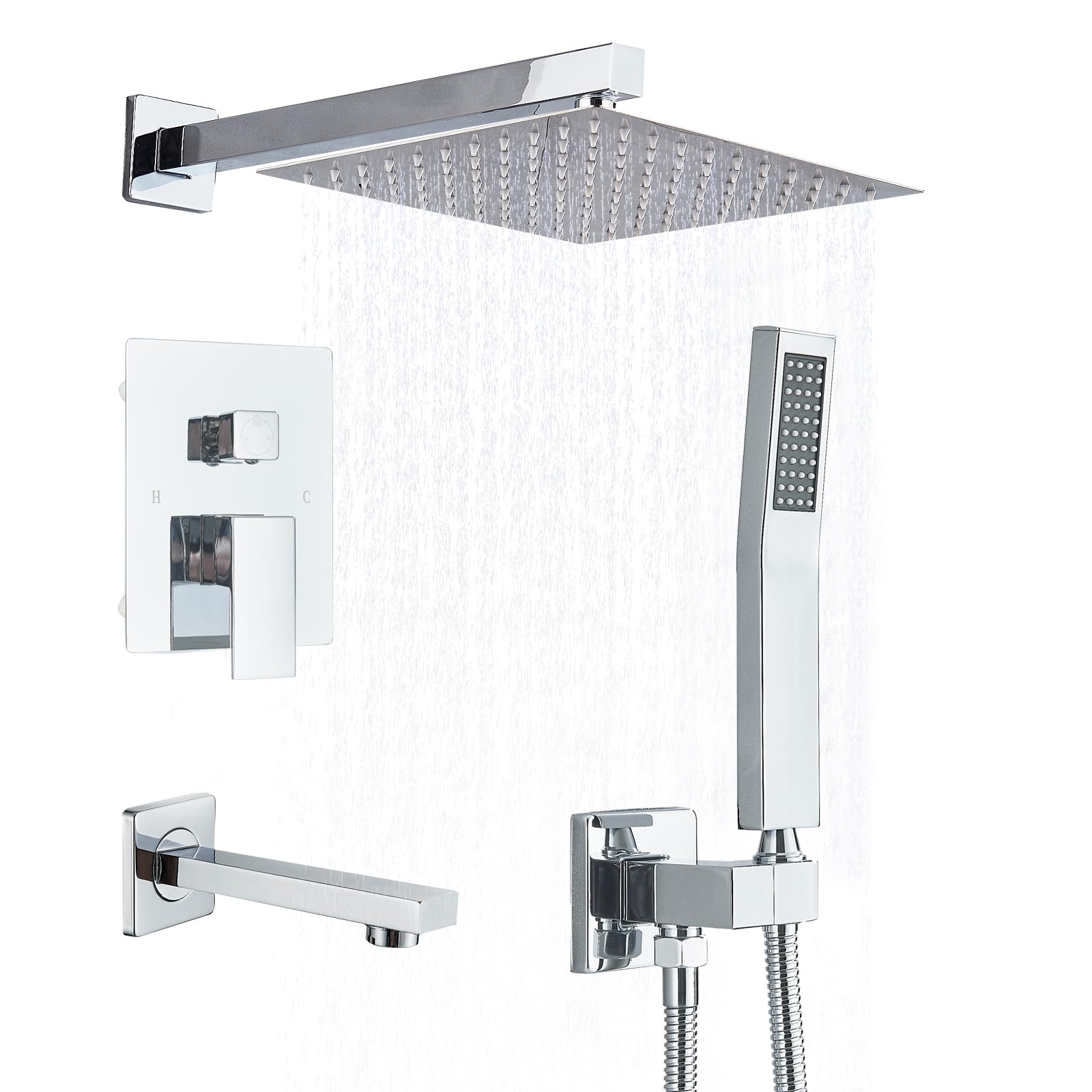 Premium Polished Chrome Shower System with 12 Inch Rainfall Shower Head, Tub Spout & Wall Mounted Mixer Faucet Set - Complete Bathroom Shower Kit for Luxurious Spa-Like Experience at Home