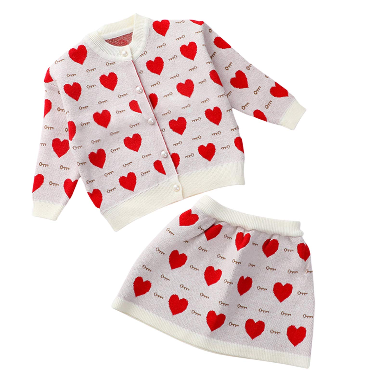 2PCS Toddler Baby Girls Clothes Set - Heart Print Long Sleeve Cardigan & Mini Skirt Outfit for Spring Fall | Cute Casual Wear for Photos, Parties & Daily Playdates