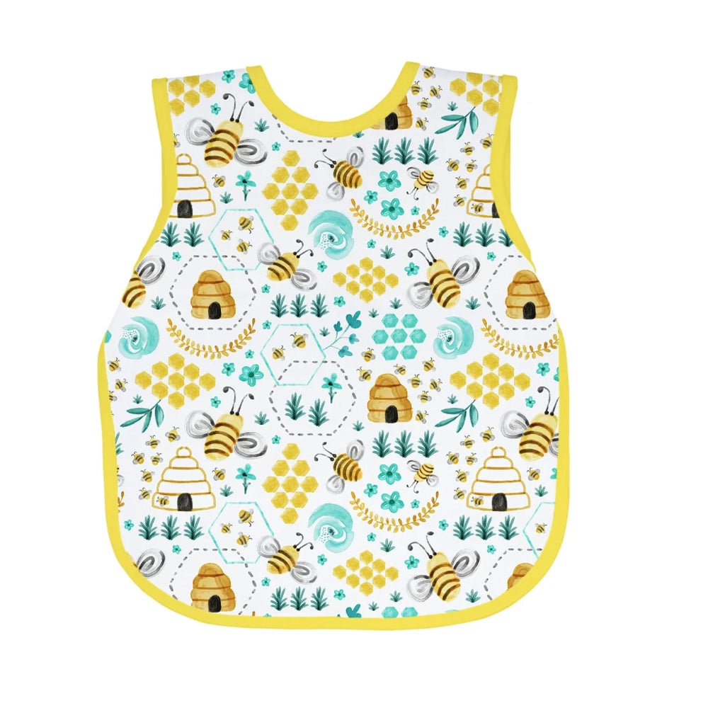 Bapron Baby Toddler Bib for 6 Months and Up - Adjustable Waterproof Feeding Bib with Catching Pocket - Perfect for Mealtime, Snacks, and Messy Play (Busy Bee Design)