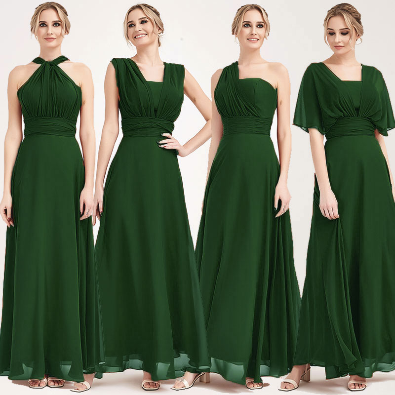 Elegant Dark Green Convertible Chiffon Bridesmaid Dress - Wrap Style Floor Length Gown for Weddings, Prom & Formal Events