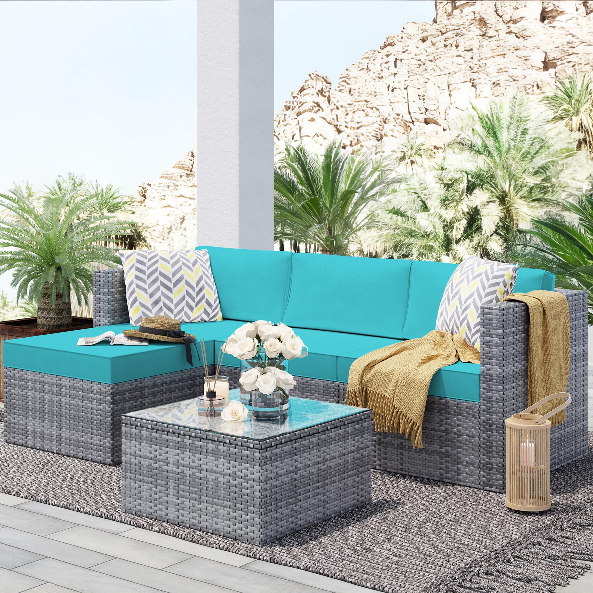 SUNLEI Outdoor Patio Furniture Set - All-Weather Low Back Rattan Sectional Sofa with Coffee Table, Washable Cushions & Durable Wicker (Silver Rattan, Blue) - Perfect for Garden, Backyard, Poolside & Terrace Relaxation