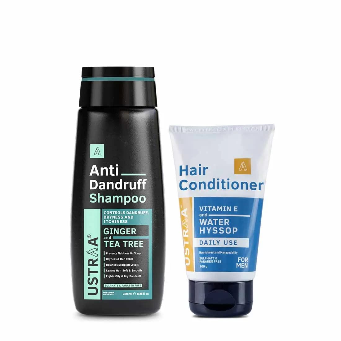 Ustraa Anti-Dandruff Shampoo 250ml with Climbazole, Ginger & Tea Tree Oil - Controls Dandruff & Soothes Scalp | Daily Use Hair Conditioner 100ml - Sulfate-Free & Paraben-Free | For Men & Women - Perfect for Daily Hair Care Routine & Flaky Scalp Relief